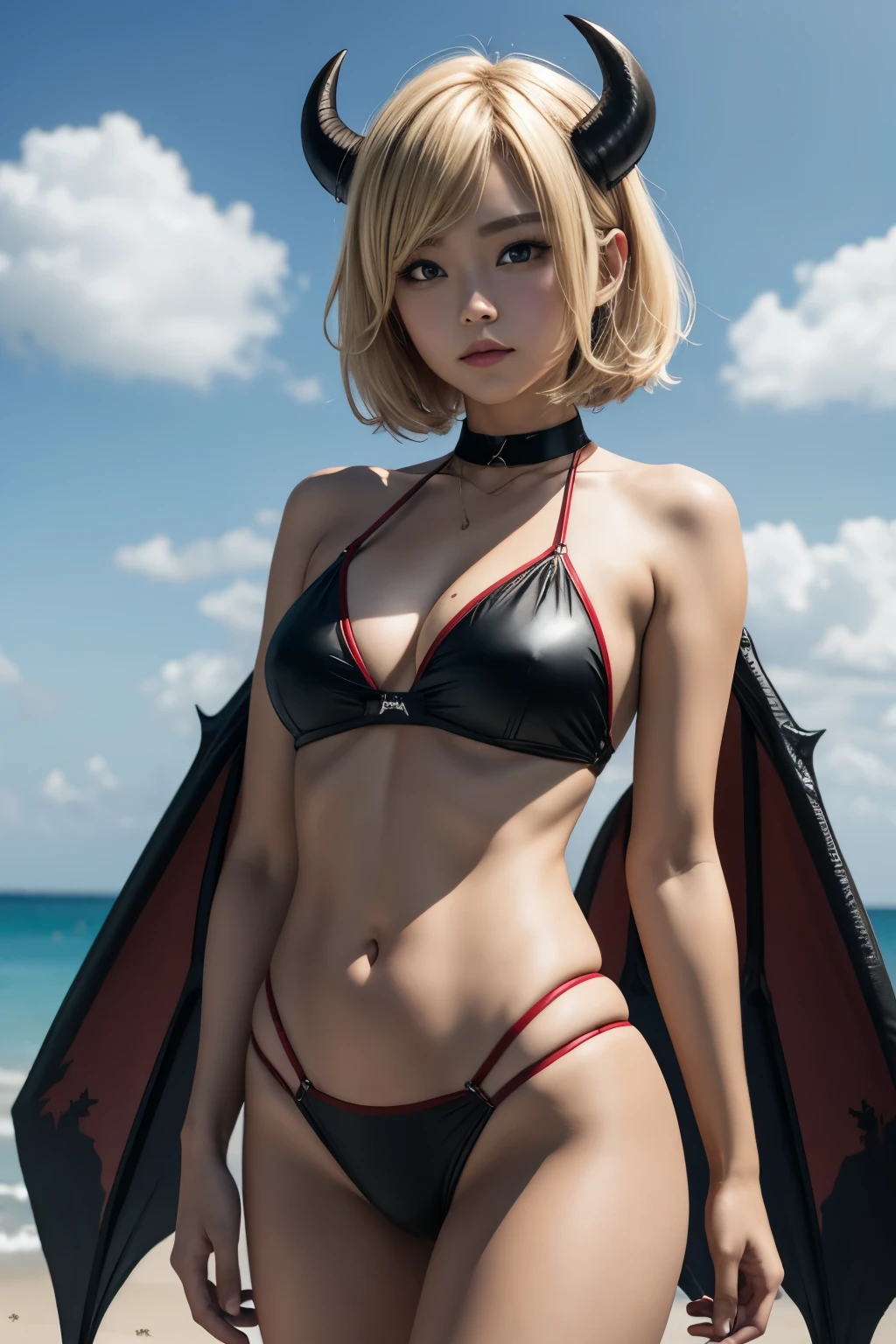 Female Devil、bat wings、BREAK、black horns、BRESK、short blonde hair、BREAK、red bikini、The background is darkness and fire