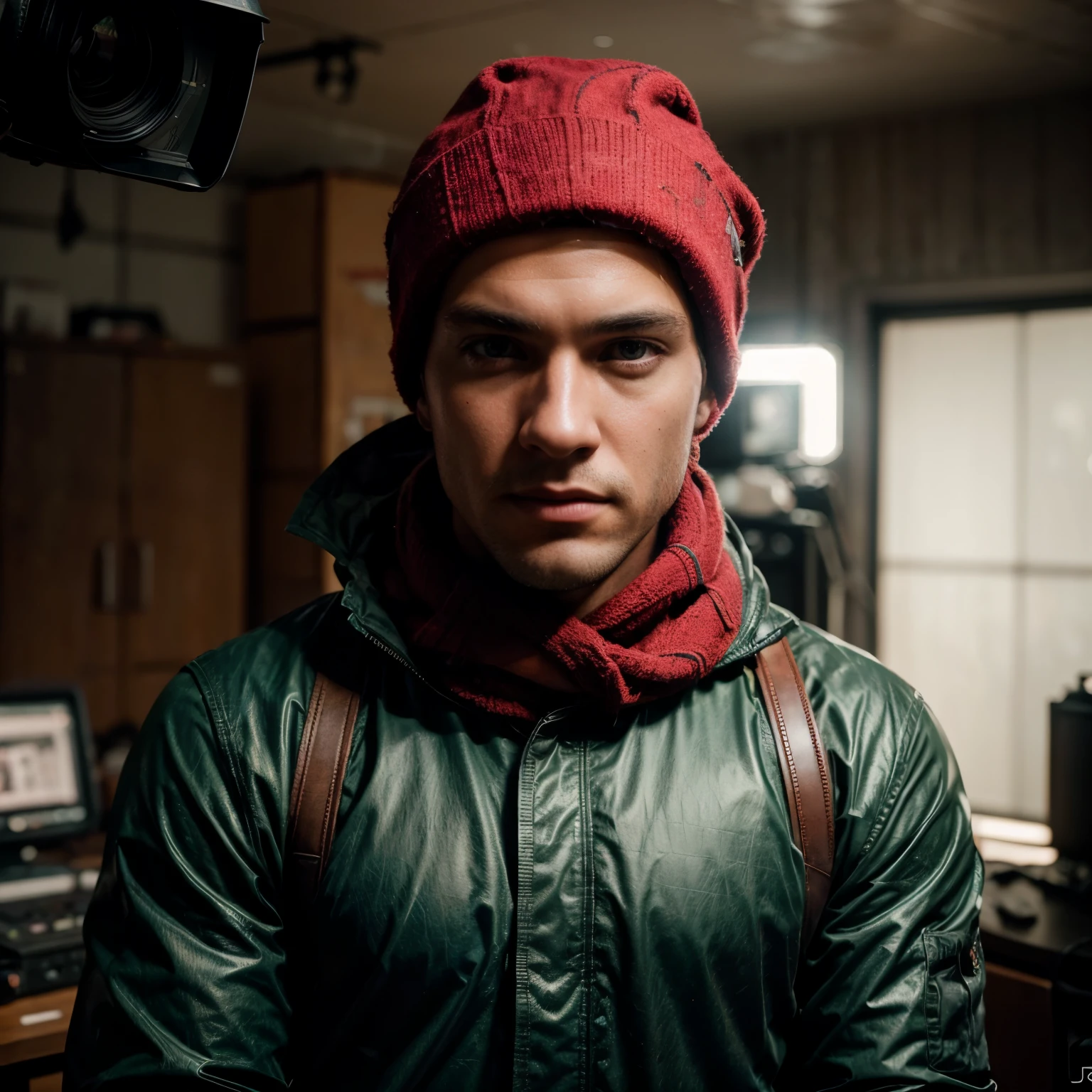 Generate a super realistic photograph of Man:: Man is a cosplayer:: Man with Perfect face:: Man looking front camera:: Man with shaved face:: Man without hair:: No hair:: Man in Jonesy Fortnite5 jacket:: green winter hat covering all head:: man wearing red scarf:: american shot:: american angle:: studio photography setup:: professional lighting:: using a digital single-lens reflex camera (DSLR) with slide film (ISO 50-200) and a prime lens (50mm) to capture the figure in a studio setting:: highlight details and textures.
