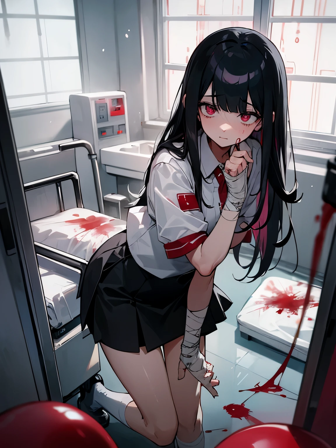 Blood droplets、blood、Internal organs、hospital、白と黒のnurse uniform、Bandages on both arms、Bandage on the leg、have a knife、cadaver、impatient face、be bothered、panic、hospitalの中、hospital room、desolation、window、black hair、pink eyes、long hairBlood droplets、blood、Internal organs、hospital、long hair、Let your hair down、disheveled hair、20-year-old、anxiety、panic、black and white short skirt、nurse uniform、aldult、kind、Blood droplets、short bangs、adult