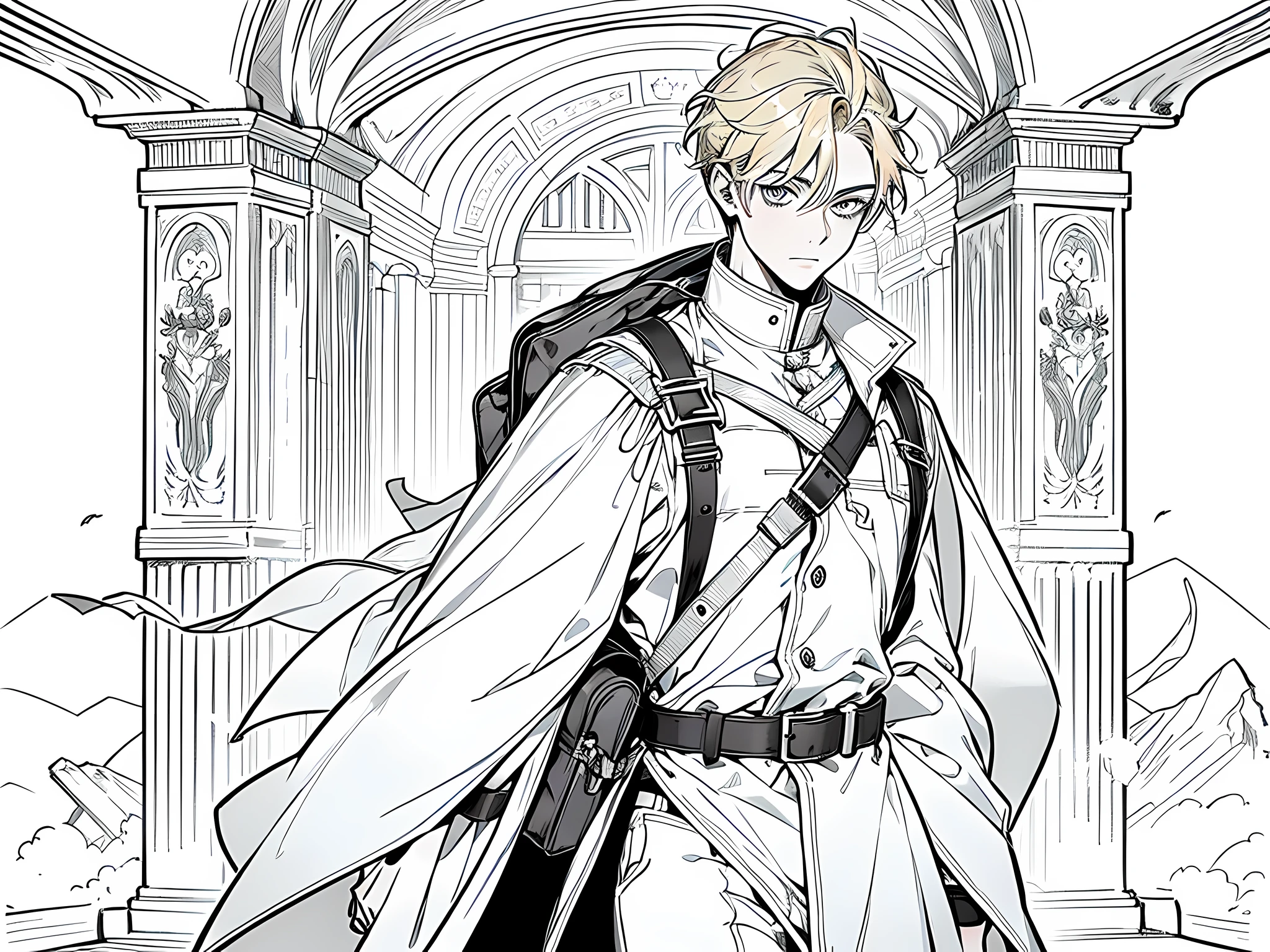 1 young man, wearing adventurer outfit, bring a big backpack on his back, blonde hair, face to detail, detailed eyes, walking inside a dungeon, monochrome (clear line, lineart), half body illustration