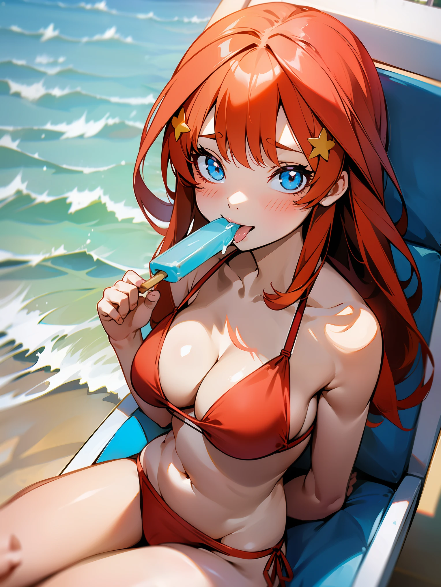 1girl, Anime girl with long hair, anime moe art style, Anime visuals of cute girls, Anime Best Girl, itsuki nakano fanart, pretty anime girl, Smooth Anime CG Art, Seductive Anime Girl, charming anime girls, Cute anime girl, Shining eyes, big boobs, ((looking at viewer)), ((tongue)), close up, red hair, blue eyes, (((red bikini))), beach, ahago, ((linking popsicle)), ((sitting)), sun, sunlight, beach, seaside, beach chair, chubby