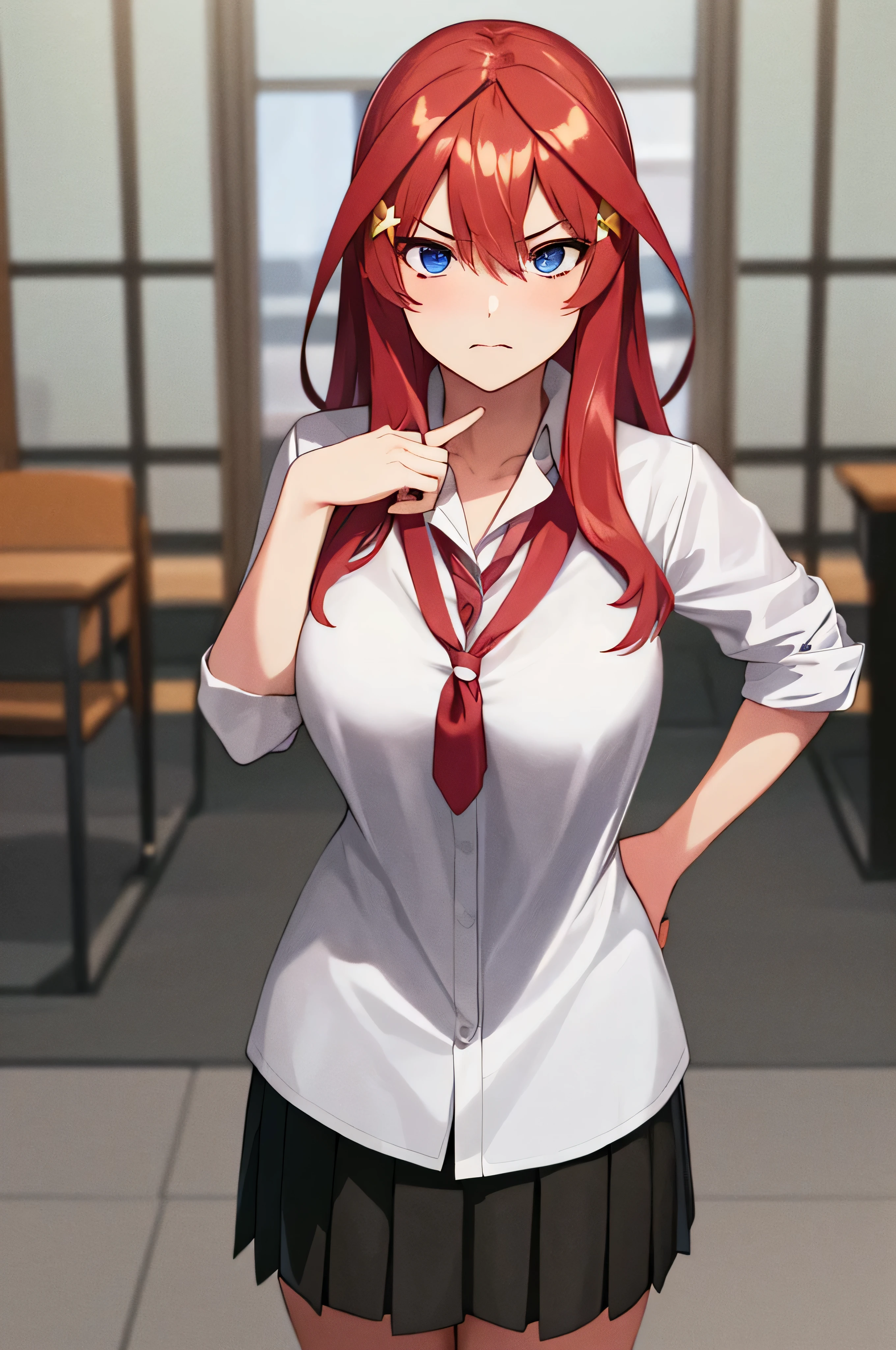 masterpiece, best quality, ultra detailed, hyper realistic, photo),delicate pattern, detailed background, uncensored completely, cowboy shot, japanese girl, class room,
school uniform, loose collar, skirt, looking over eyewear,
hair between eyes, red hair
put up index finger and one hand on hip, angry with puffed cheeks,
from above, leaning forward,