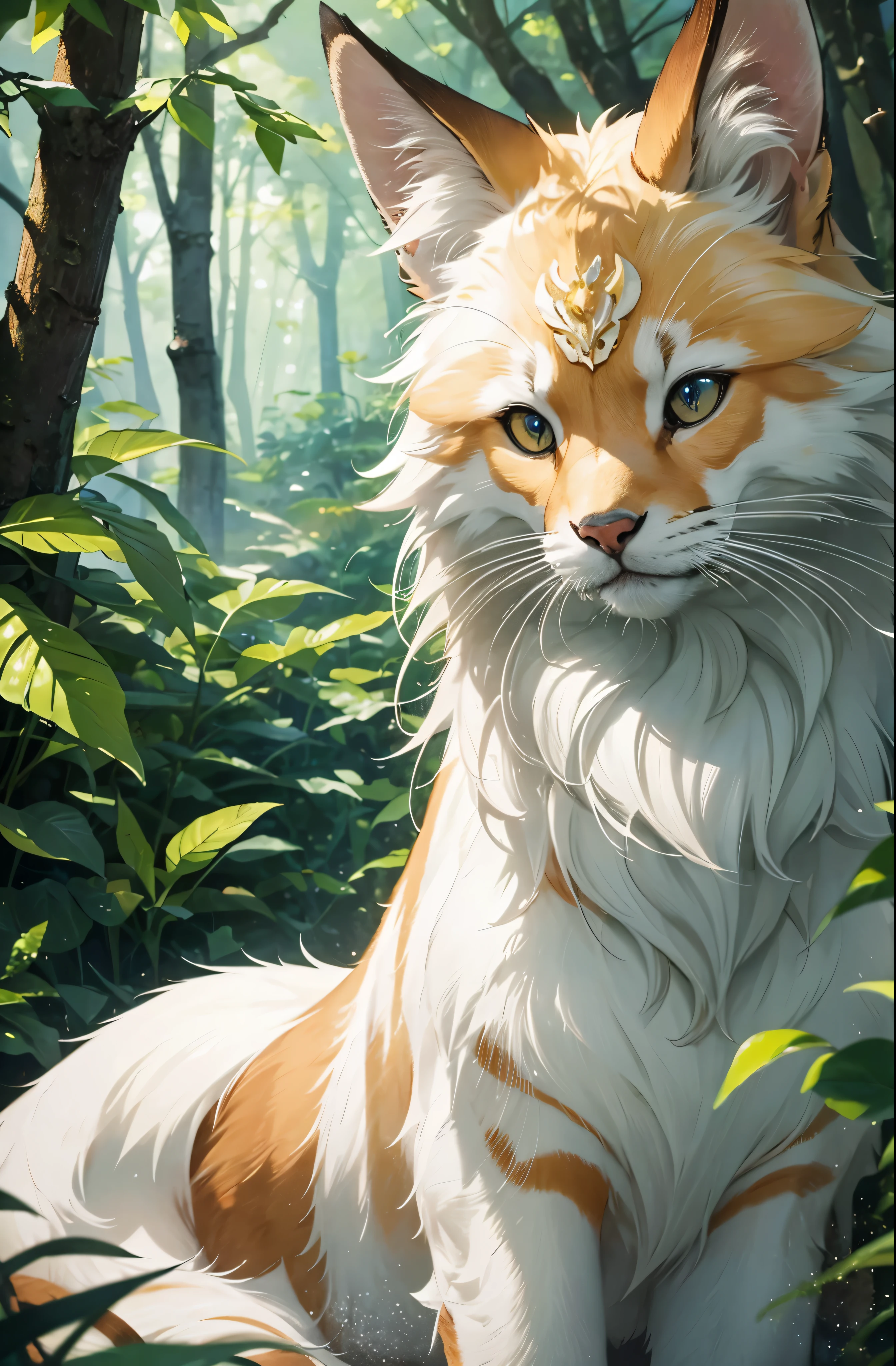 (best quality,4k,highres,masterpiece:1.2),ultra-detailed,realistic,photorealistic:1.37,a female nine-tailed fox,beautiful detailed eyes,beautiful detailed lips,extremely detailed fur,long fluffy tails,graceful posture,shimmering gold fur,lush green forest background,sunlight filtering through the leaves,vibrant colors,ethereal atmosphere,traditional ink painting style,dreamy and mystical,subtle color gradients,soft and delicate lighting.