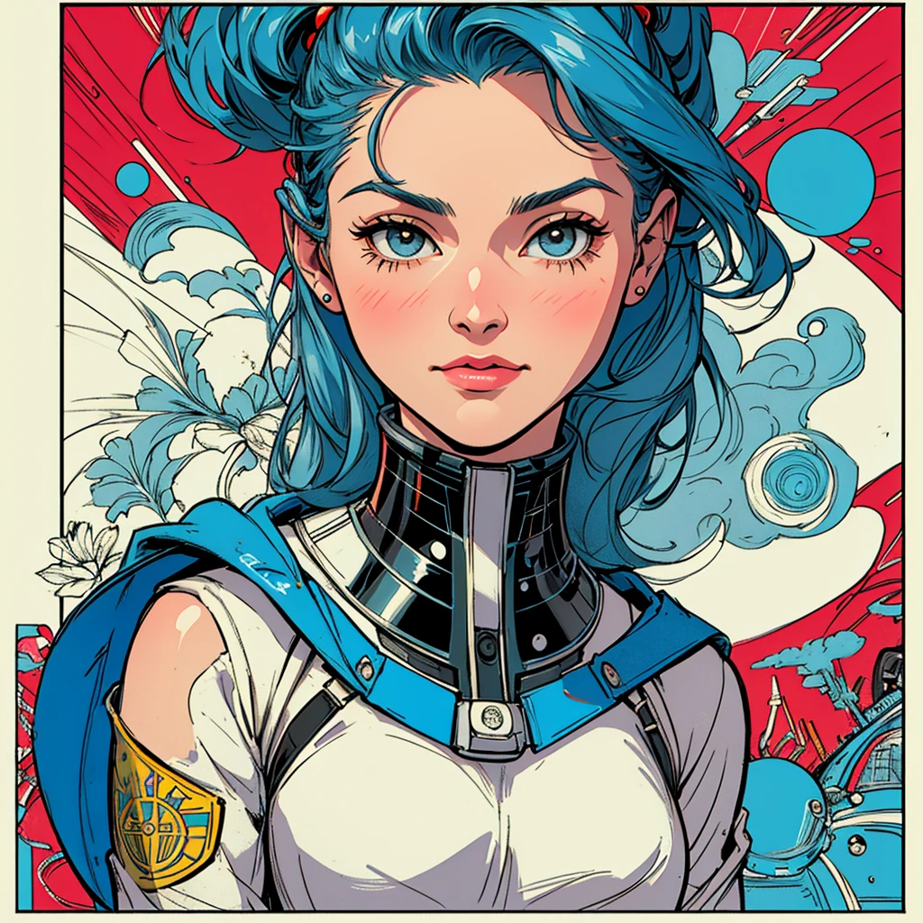 (((highest quality))),masterpiece,1 woman,((the perfect person)),((Super beautiful woman)),detailed perfect face,retro,vintage,classic,60's,70's,80's,old movie posters,abstract,((スペーススリラーmovie poster)),(Futuristic),Geometric pattern,very delicate,movie poster_white frame,universe,Milky Way,planet,,propaganda,universe飛行士,breast enhancement,