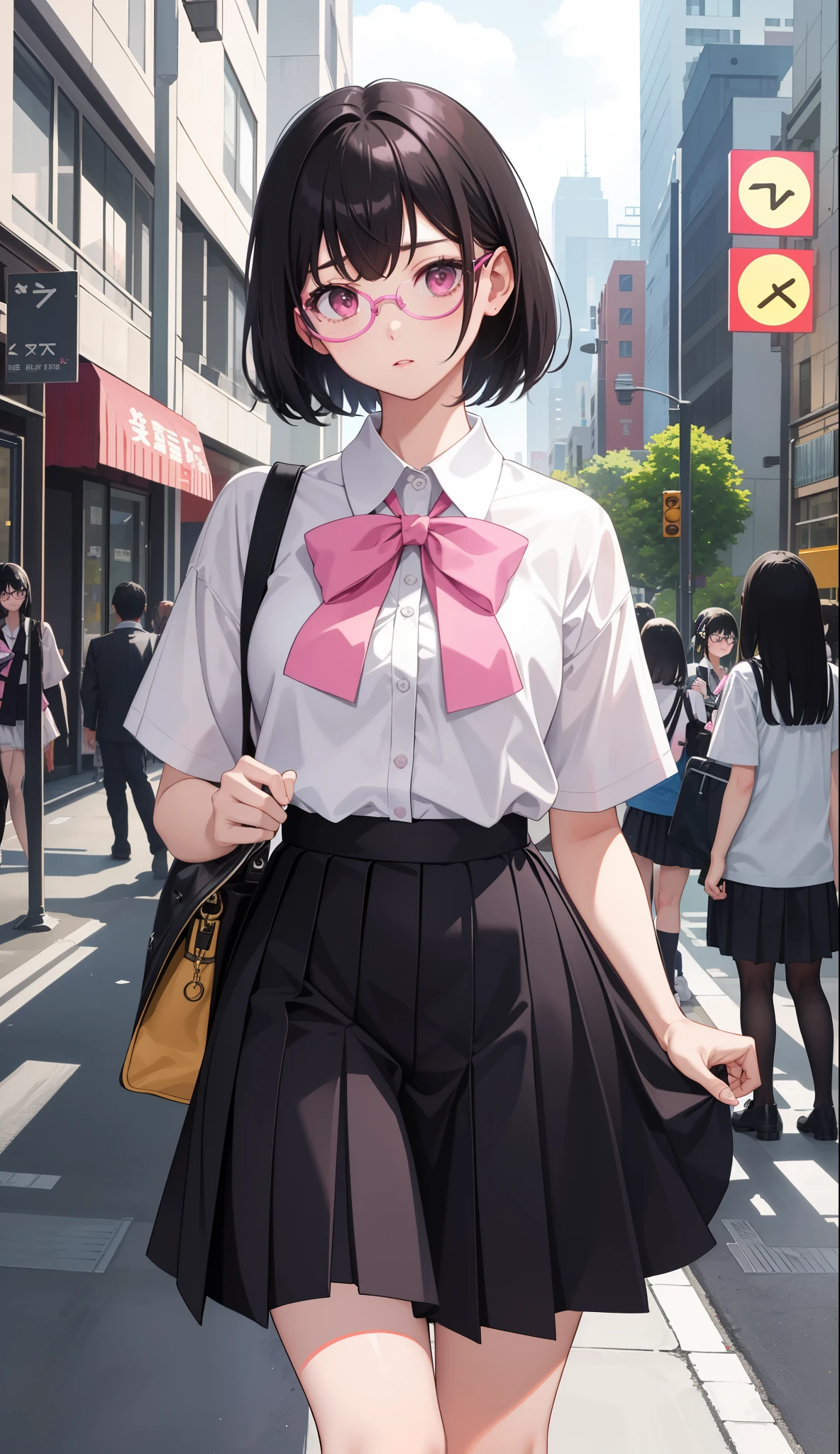 1 girl in、shirt、skirt made of、(small tits)、Walking with a thigh、upper body portrait、short black hair,Pink eyes,Pink glasses,freckle,pink bows,Blue school bag,white thigh socks