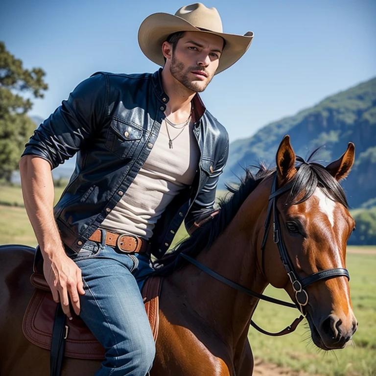 Jamie Dornan arrogante cabelo loiro, masculino e robusto, masculino sexy, maxilar marcando,sem camisa, Jason momo, masculino e bonito, strong masculine traits, Christian cline, short preto de um macho bonito, he is a rock star, rasgado, o extremamente quente e sexy, macho atraente, wearing jeans with a cowboy belt wearing brown boots , cabelo preto buzzcut, he is on a farm riding a horse wearing a brown cowboy hat blue sky , fot4k