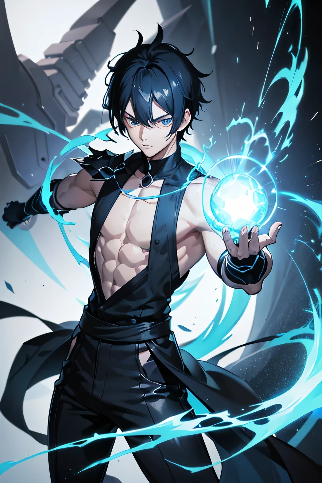 male thin anime character, medium black hair, light blue eyes, wearing a sleeveless black shirts, black pants, an blue powerful sphere coming out of his hands ((best quality, 8K, ultra detailed, sci-fi theme, Yusuke Murata art style, masterpiece high resolution))