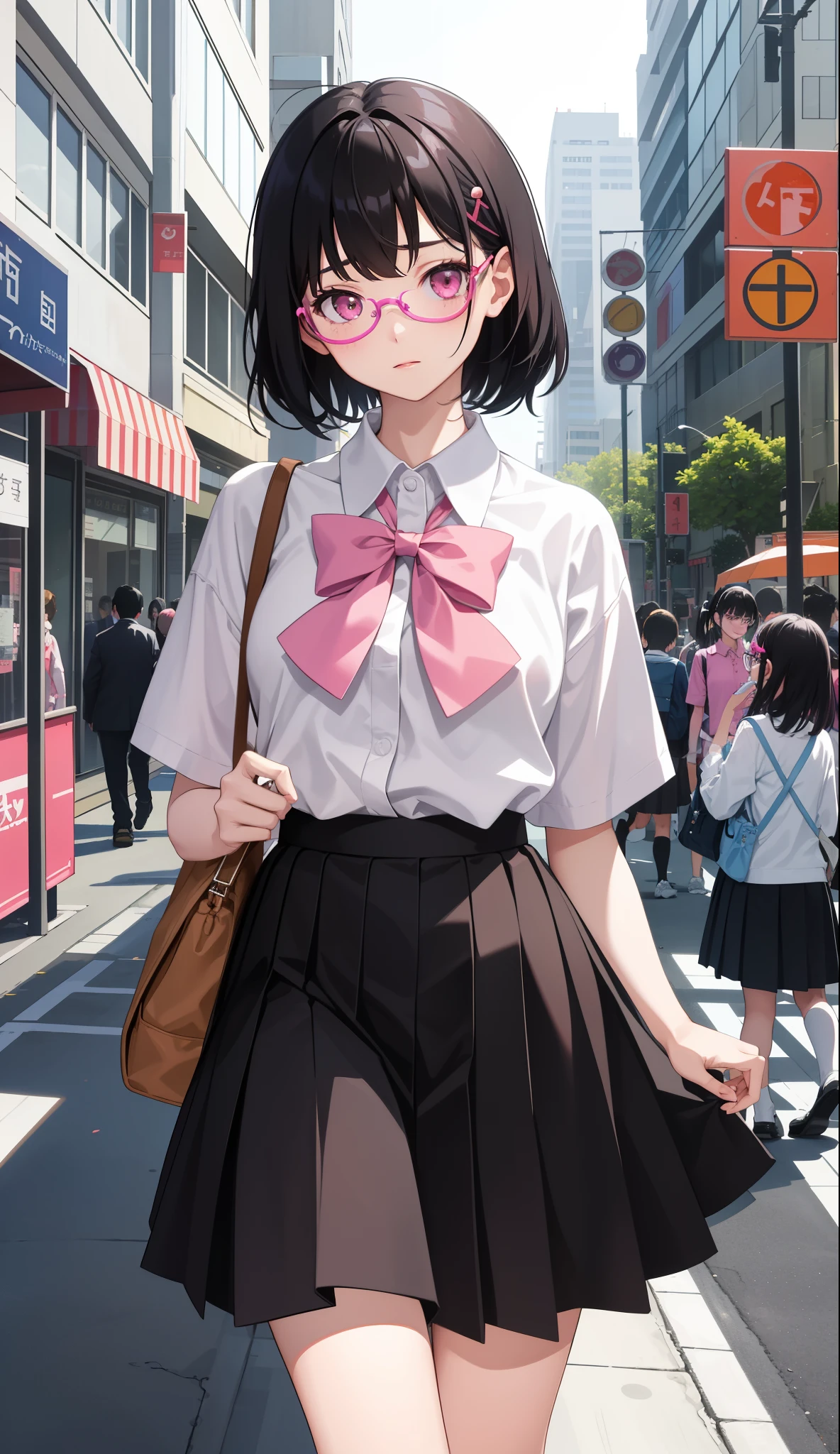 1 girl in、shirt、skirt made of、（small tits）、Walking with a thigh、upper body portrait、short black hair，Pink eyes，Pink glasses，freckle，pink bows，Blue school bag，white thigh socks