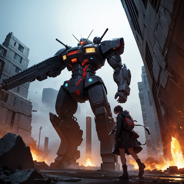 high quality,Super giant robot,SF,super weapon,war,ruins,desolation,laser