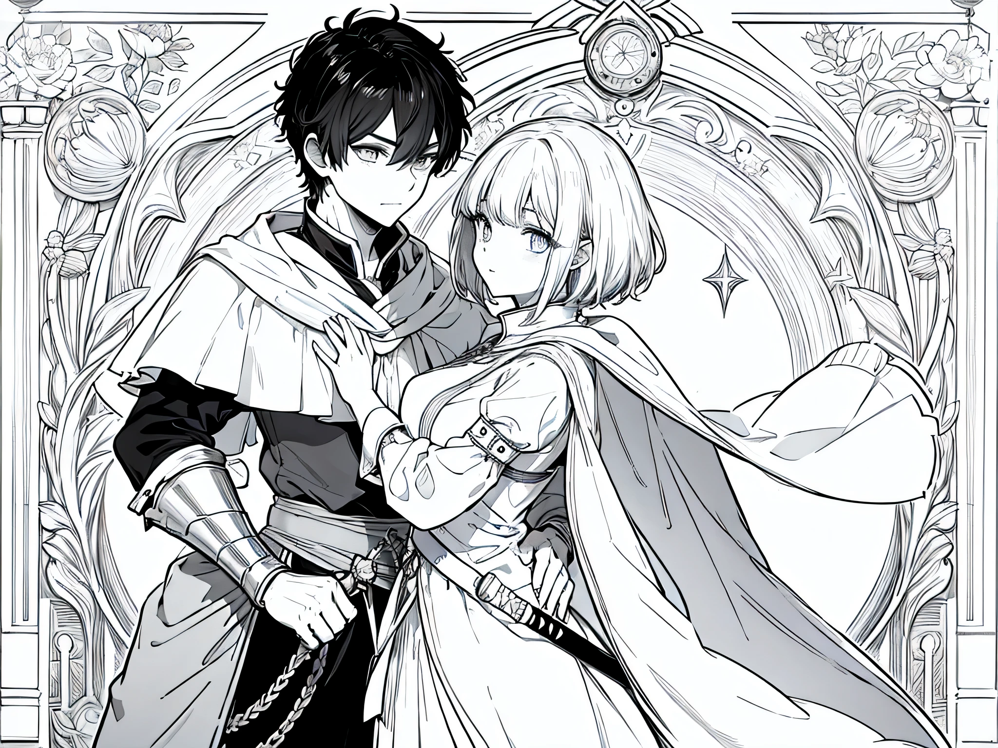 1 man wearing swordsman outfit from medieval era, black short hair, face to detail, detailed eyes, holding a sword, there is princess hugging him, monochrome (clear line, lineart)