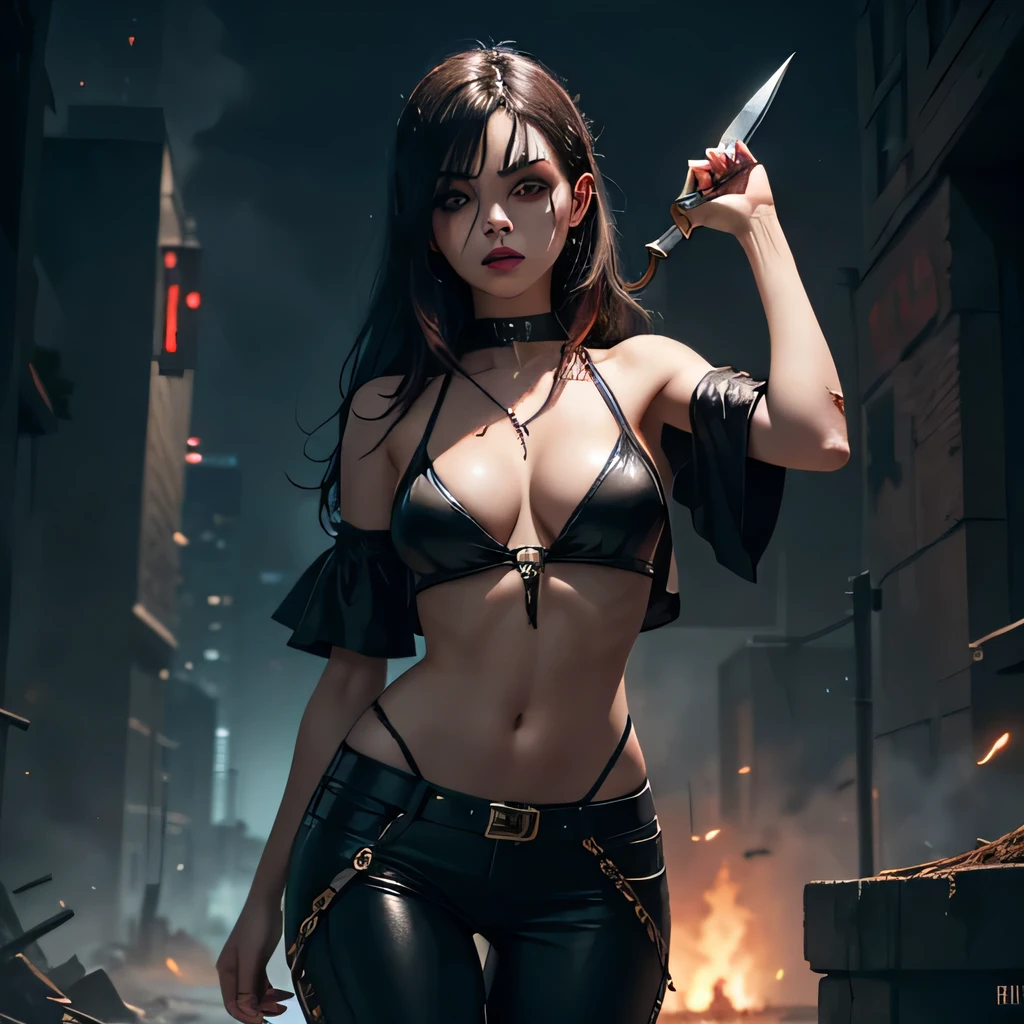 1girl, heavy goth makeup, fantasy character, cyberpunk horror, dark fantasy, navel, gothic mage, dark red eyes, bloody eyes, wounded, dripping blood, bloody knife, bloody leather top, leather pants, sensual