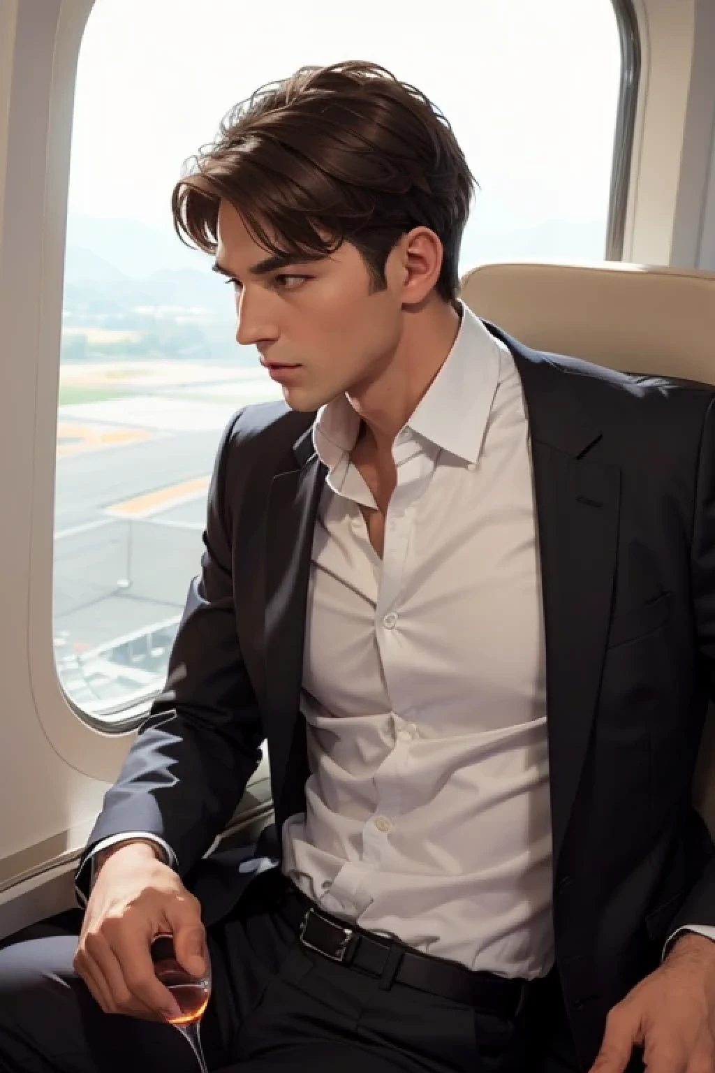 (masterpiece, high quality, best quality)Men have very short hair, brown hair, Hair oil,shirt, suit,imposition,muscular, sit at the window seat of an airplane and drink wine