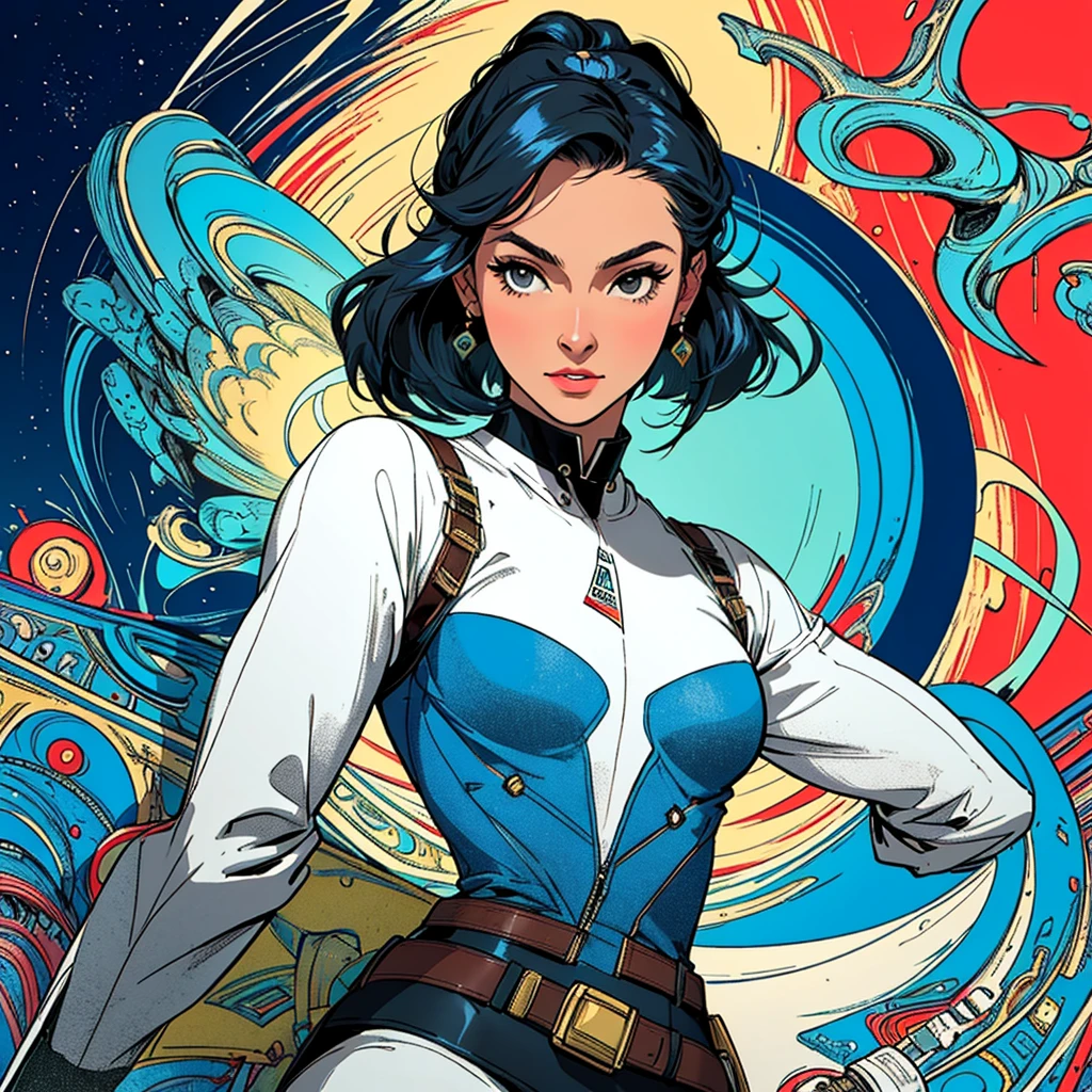 (((highest quality))),masterpiece,1 woman,((the perfect person)),((Super beautiful woman)),detailed perfect face,retro,vintage,classic,60's,70's,80's,old movie posters,abstract,((スペーススリラーmovie poster)),(Futuristic),Geometric pattern,very delicate,movie poster_white frame,universe,Milky Way,planet,,propaganda,universe飛行士,breast enhancement,