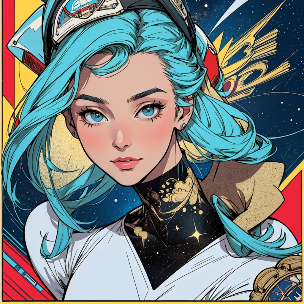 (((highest quality))),masterpiece,1 woman,((the perfect person)),((Super beautiful woman)),detailed perfect face,retro,vintage,classic,60's,70's,80's,old movie posters,abstract,((スペーススリラーmovie poster)),(Futuristic),Geometric pattern,very delicate,movie poster_white frame,universe,Milky Way,planet,,propaganda,universe飛行士,breast enhancement,