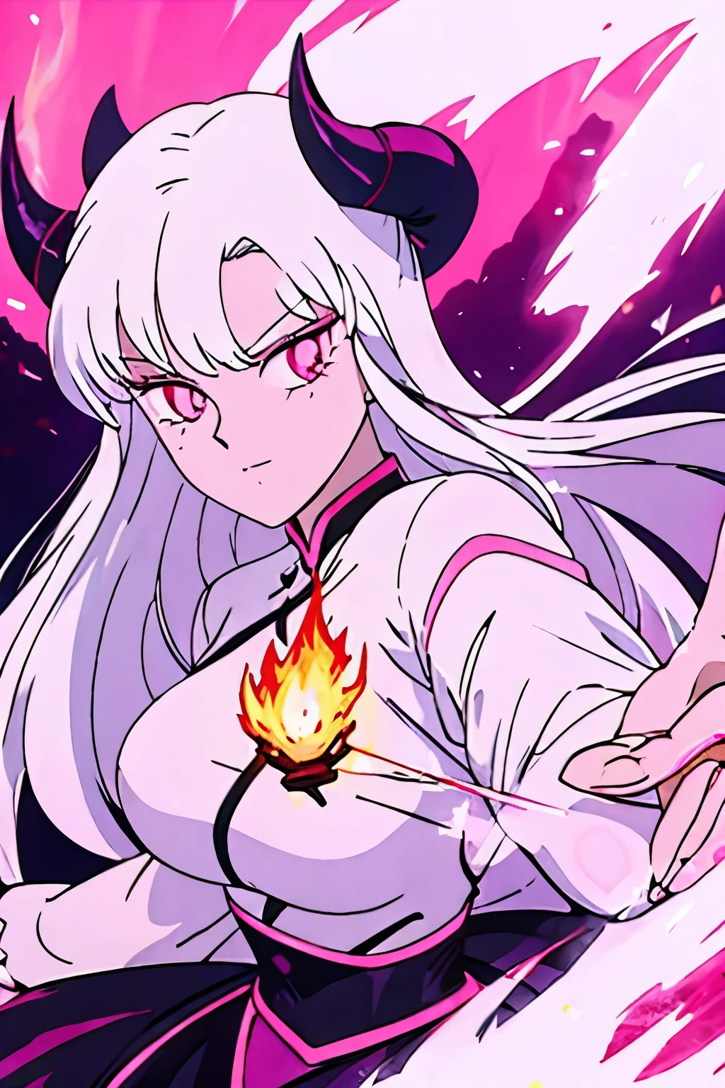 demon lady with long white hair holding a pink flame in her hand