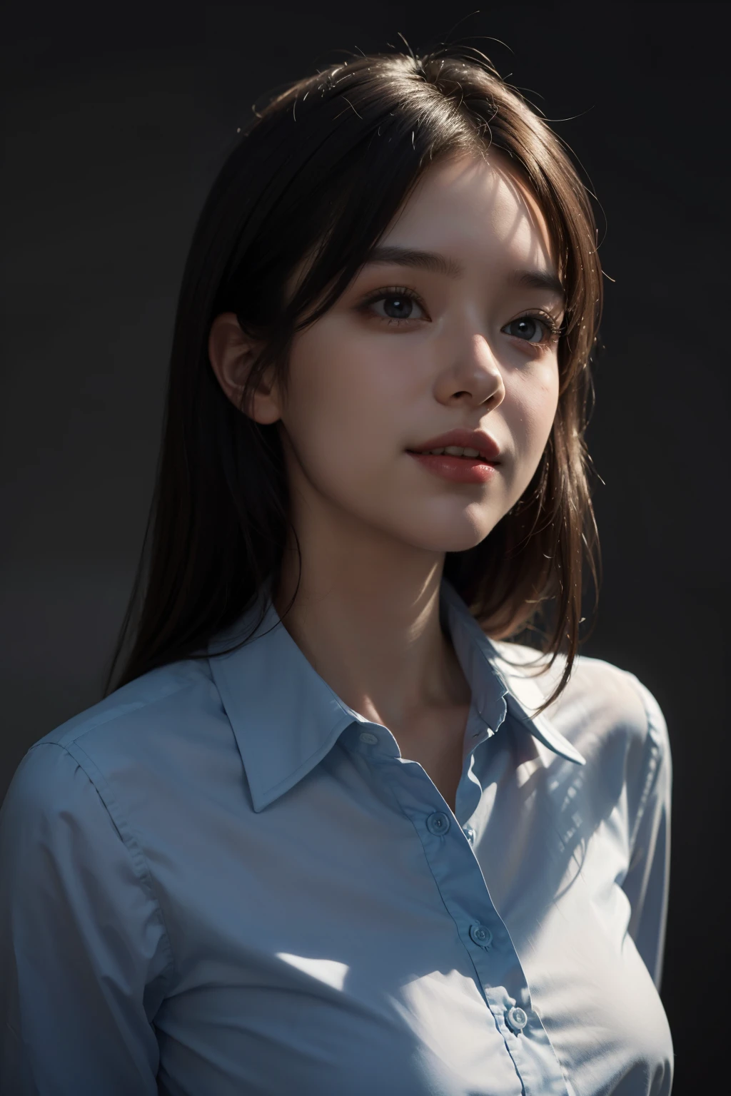 highest quality, masterpiece, (realistic:1.4), 1 girl, light smile, collared shirt, Upper body, dramatic lighting, from below