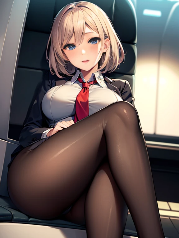 muste piece,The whole body is reflected,tanned wheat skin,Eye color is random,platinum pink blonde hair color,short hair,Very huge big,Very cute,I have a golden ratio face,More detailed texture,I can see the teeth,double eyelid,Both eyes are the same size,Uses highly detailed shaded lighting,Has an ergonomically normal body,parts of a well-groomed face,I am a flight attendant for a famous airline.,I'm shyly shy,A popular flight attendant,Wearing a flight attendant uniform,I'm wearing black tights,sexy,front open