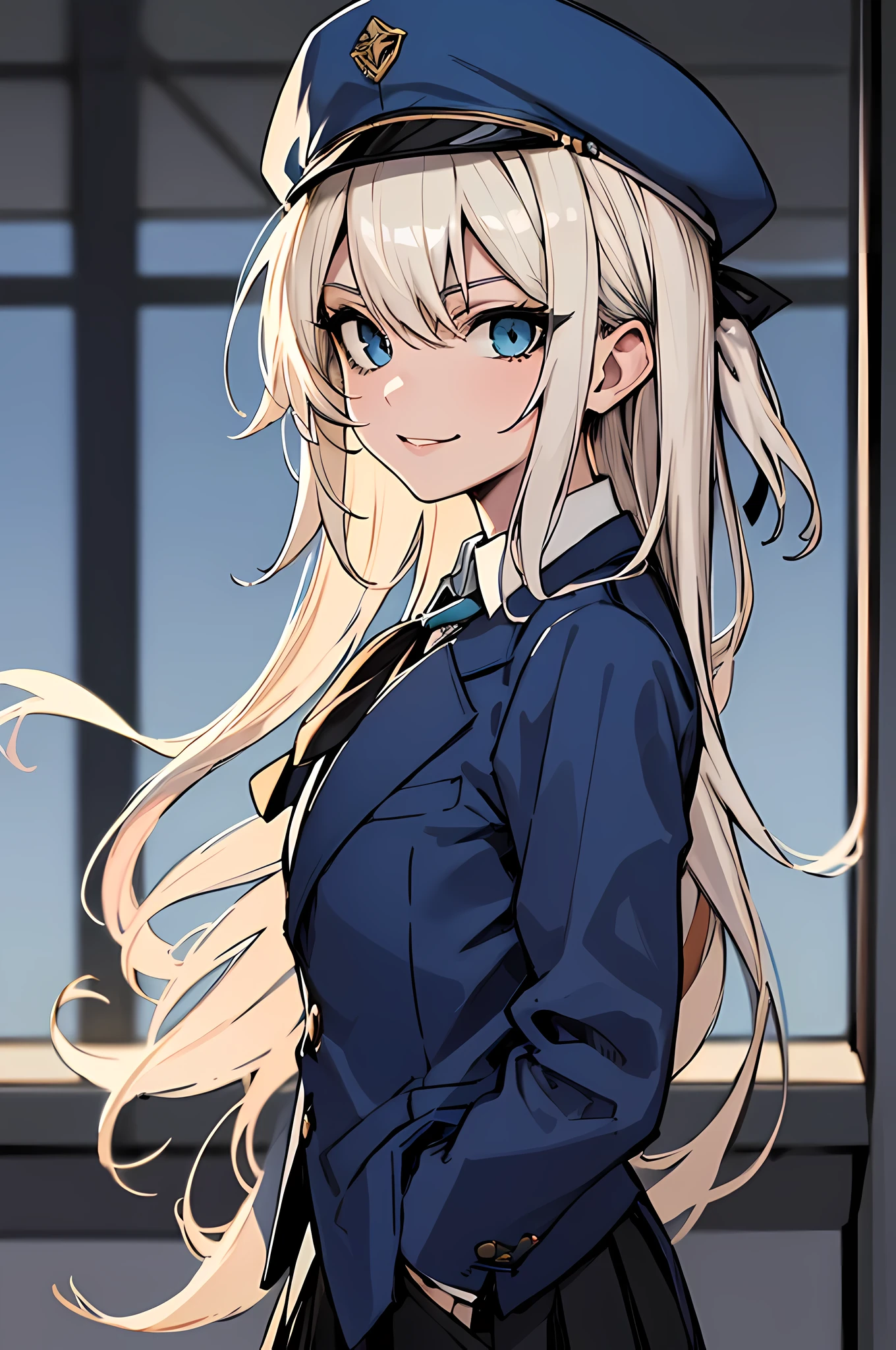 (absurdres, 8k, 4k, masterpiece, hyper extreme detailed:1.2), solo, 1girl, front view, perfect face, 1girl, portrait, expressive eyes, looking at viewer, solo, standing, Female, pale, messy hair, swept bangs, 1girl, solo, facing viewer, looking at viewer, half body, long hair, bangs, platinum blonde hair, light colored hair, (blue eyes:1.3), blue and white blazer, school uniform, black skirt, blue and white shirt, perfect anatomy, cowboy shot, hands in pockets, perfect anatomy, black tie, logo on blazer, school background, 1girl, solo, perfect anatomy, standing, swept bangs, long hair, blue eyes, medium bust, dark blue blazer, black ribbon, messy hair, rebel, delinquent, blue hat, dark blue eyes, light smirk, tired, newsboy hat, classroom background, high class, nobility, hero, rich, 
