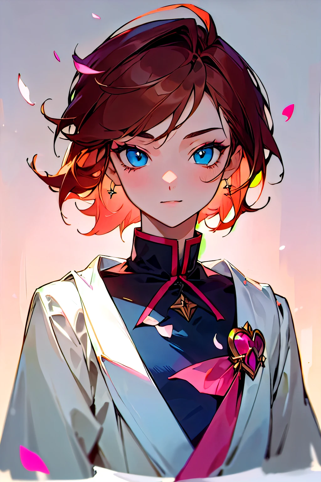 masterpiece, portrait, aesthetic, , (short hair), big blue eyes and petal-soft lips, fluffy medium-length brown hair with red tips, pink earrings with a heart-shaped gemstone on the right ear, High quality, full body, medium shot, ((male school uniform)), aesthetic clothing, professional perspective, small breasts, beauty, 18 years old, daytime, dramatic light, face facing the future, ((happy)), (daring makeup), Eyeliner, medium bust, (narrow eyes), fair skin, (middle sch),