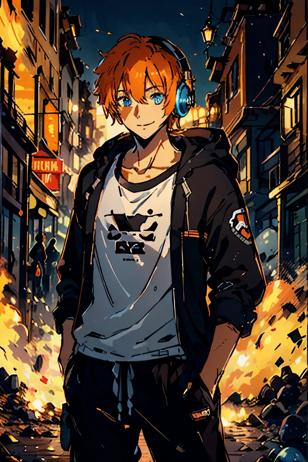 1male, ((oversised black clotes)), ((baggy brown pants)), ((using headphones)), ((orange hair)), blue eyes, ((smiling)).