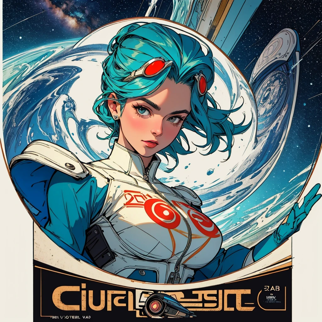 (((highest quality))),masterpiece,1 woman,((the perfect person)),((Super beautiful woman)),detailed perfect face,retro,vintage,classic,60's,70's,80's,old movie posters,abstract,((スペーススリラーmovie poster)),(Futuristic),Geometric pattern,very delicate,movie poster_white frame,universe,Milky Way,planet,,propaganda,universe飛行士,breast enhancement,