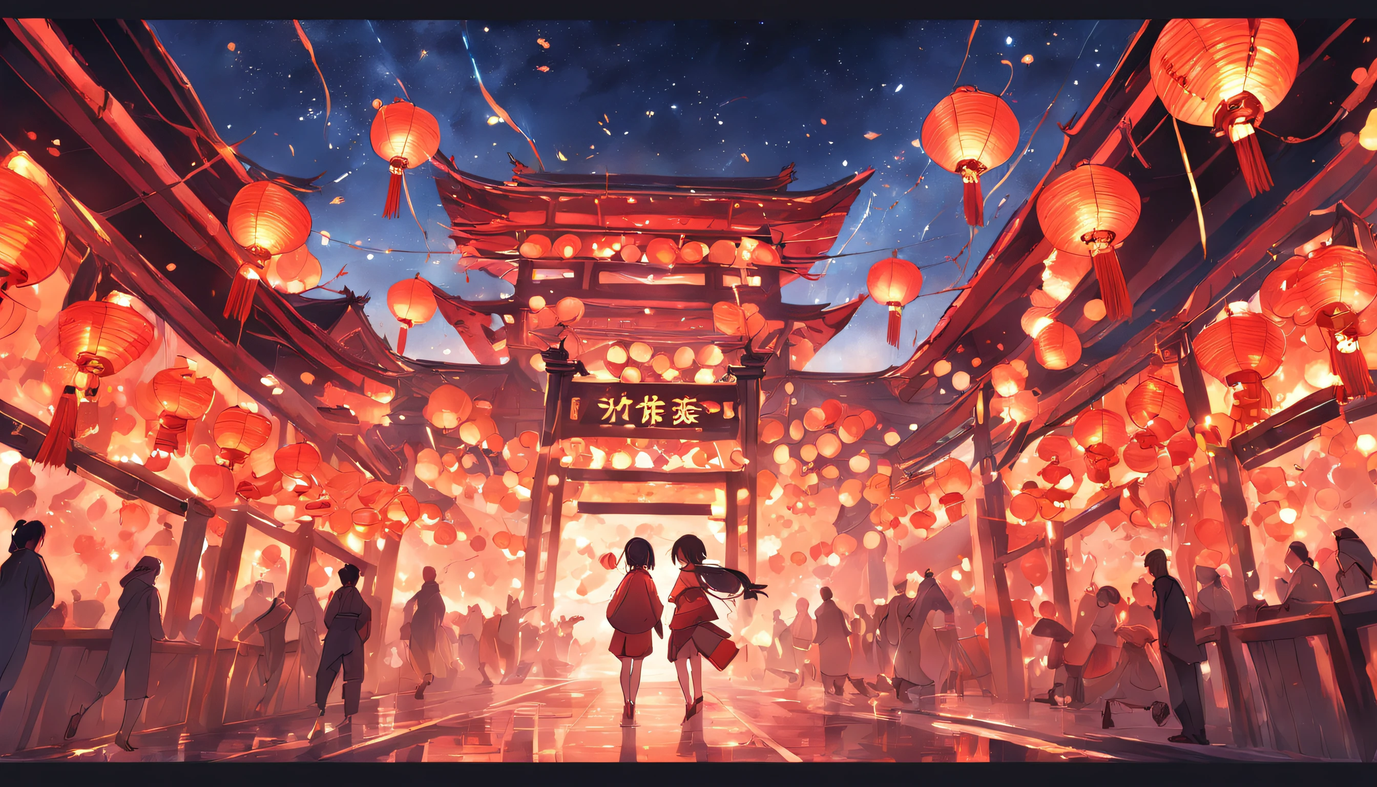 New Year,Chinese-style town,nigh sky,Decorations,Chinese lanterns are hung,fire works,have no people