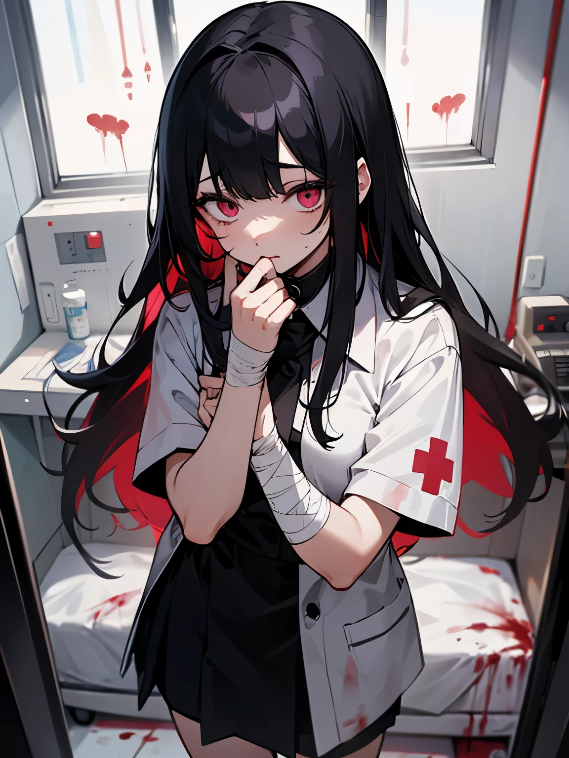 Blood droplets、blood、Internal organs、hospital、白と黒のnurse uniform、Bandages on both arms、Bandage on the leg、have a knife、cadaver、impatient face、be bothered、panic、hospitalの中、hospital room、desolation、window、black hair、pink eyes、long hairBlood droplets、blood、Internal organs、hospital、long hair、Let your hair down、disheveled hair、20-year-old、anxiety、panic、black and white short skirt、nurse uniform、aldult、kind、Blood droplets、short bangs、adult
