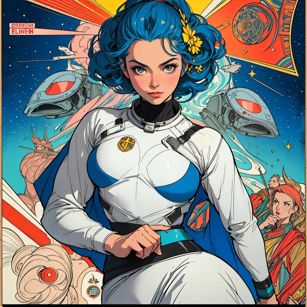 (((highest quality))),masterpiece,1 woman,((the perfect person)),((Super beautiful woman)),detailed perfect face,retro,vintage,classic,60's,70's,80&#39;s,old movie posters,abstract,((スペーススリラーmovie poster)),(Futuristic),Geometric pattern,very delicate,movie poster_white frame,universe,Milky Way,planet,,propaganda,universe飛行士,breast enhancement,