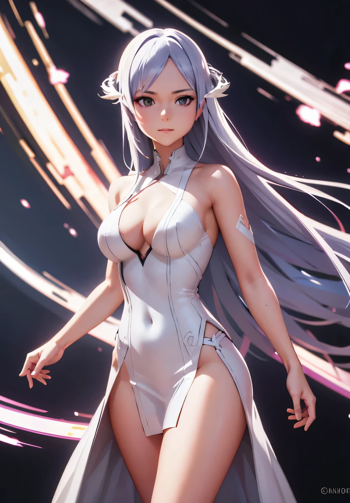 Quinella_Admin, smirk, holding sword, fighting stance,, (acclaimed, alluring, captivating, exciting, gorgeous, striking:1.3), (highly detailed, high quality:1.3) fully nude
