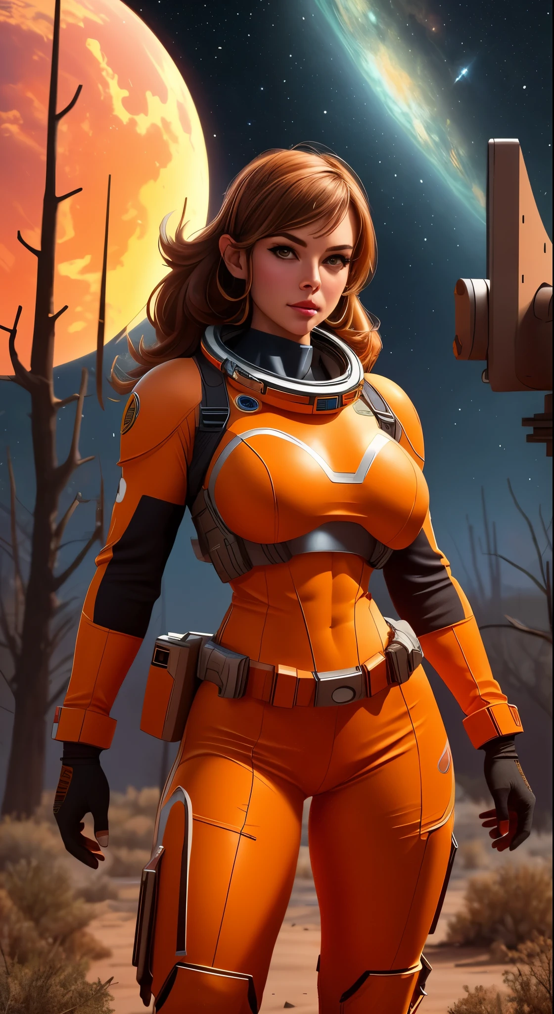 Alison Tyler as a astronaut, radio dish antenna, Tangerine Orange, utility belt, kit bashing, alien landscape, swampland, Pebble Gray Chrome, sci-fi, masterpiece, 16k, UHD, HDR, the best quality, body-tight suit, intricate, the most fantastic details, cinematic composition, dramatic lighting, full body, celestial bodies in the sky, dead trees, dry bushes, realistic reflections, sunset, a military compound, to scale, dynamic posture