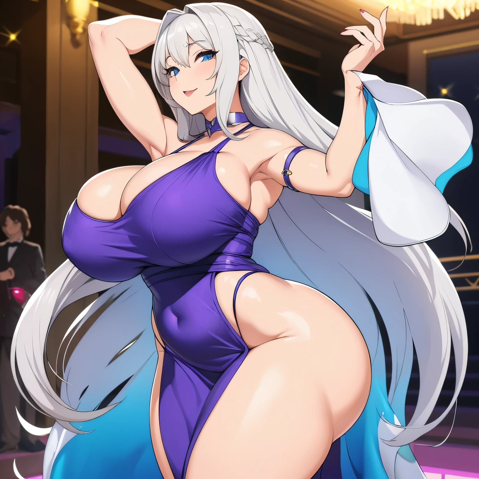 1 very mature girl, very long hair, silver hair, sexy body, Very big breasts, Wide thighs, Dancer dress, sexy dancer dress