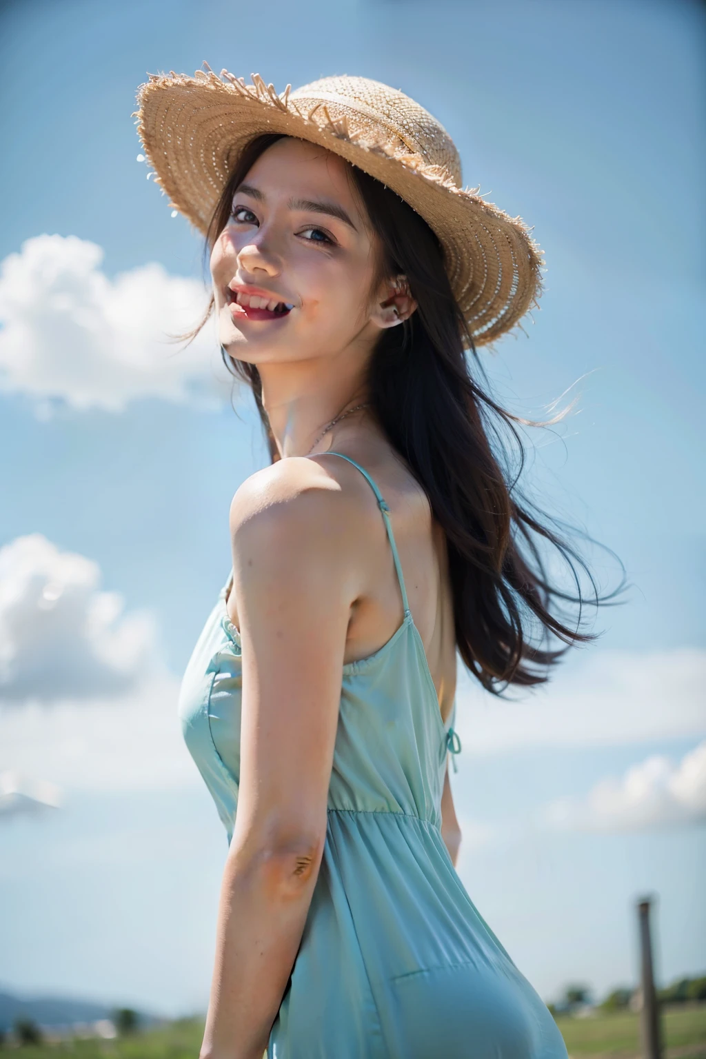 blue sky, There are a few white clouds, green meadows, A girl in a long dress, Roses in hand, Wearing a wide-brimmed hat, The picture is a wide side view of the photographic angle, The colors are pastel, The face conforms to normal bone structure and skin texture, seductive smile, cinematic lighting, high details, high quality, super detail, anatomically correct