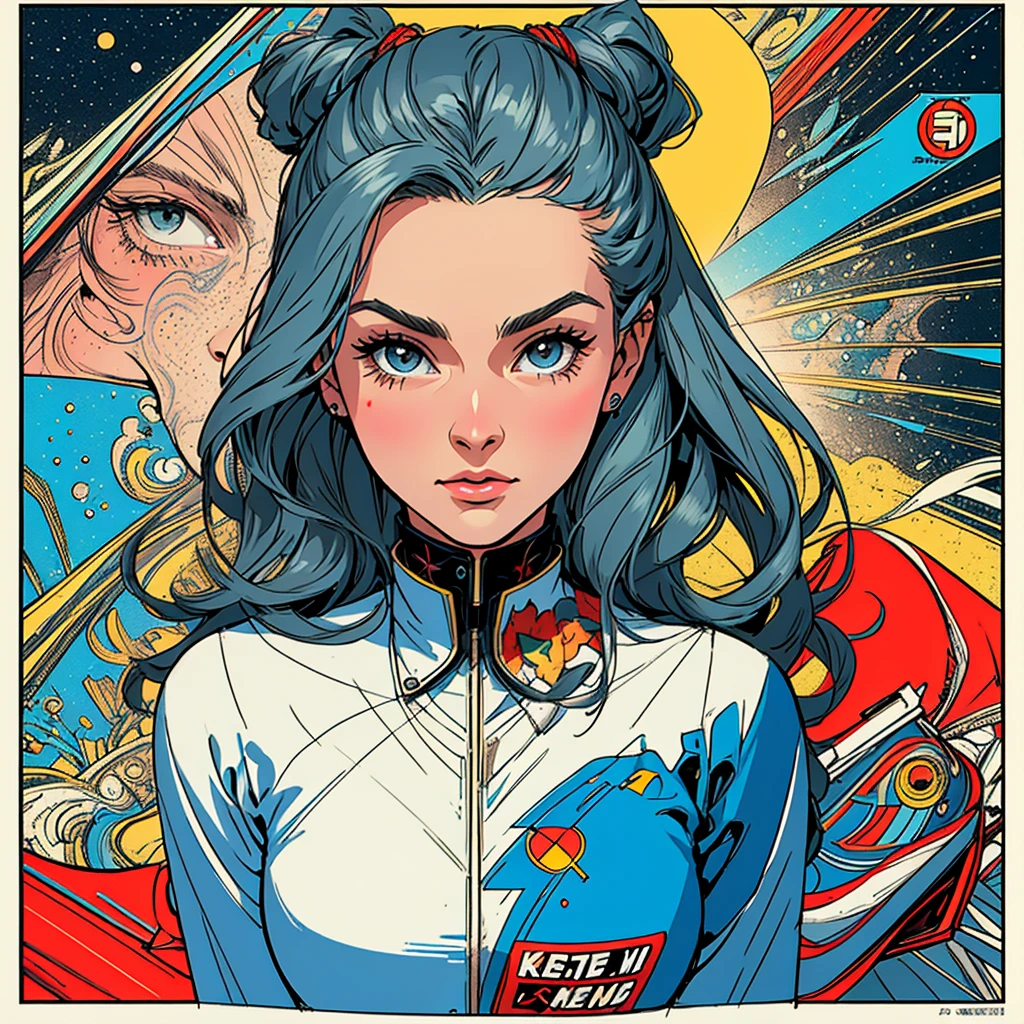 (((highest quality))),masterpiece,1 woman,((the perfect person)),((Super beautiful woman)),detailed perfect face,retro,vintage,classic,60's,70's,80's,old movie posters,abstract,((スペーススリラーmovie poster)),(Futuristic),Geometric pattern,very delicate,movie poster_white frame,universe,Milky Way,planet,,propaganda,universe飛行士,breast enhancement,
