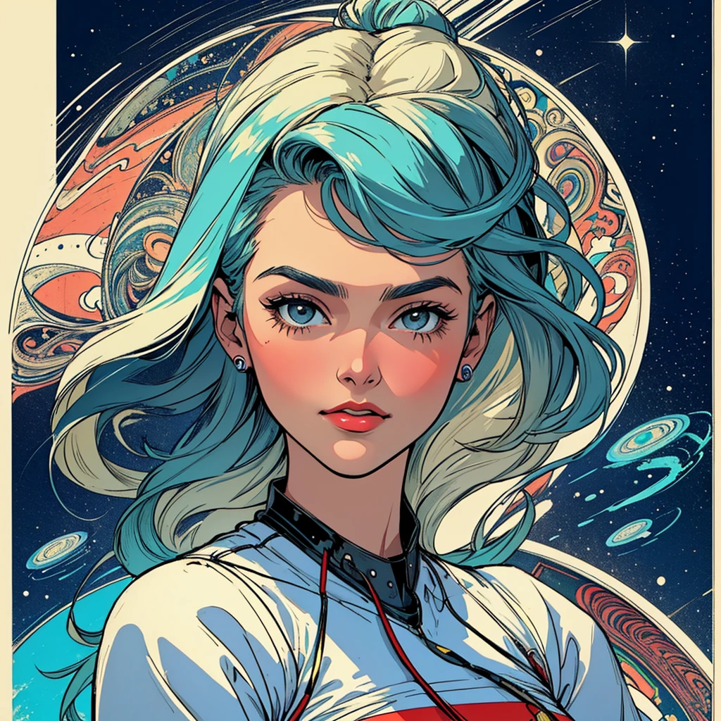 (((highest quality))),masterpiece,1 woman,((the perfect person)),((Super beautiful woman)),detailed perfect face,retro,vintage,classic,60's,70's,80's,old movie posters,abstract,((スペーススリラーmovie poster)),(Futuristic),Geometric pattern,very delicate,movie poster_white frame,universe,Milky Way,planet,,propaganda,universe飛行士,breast enhancement,