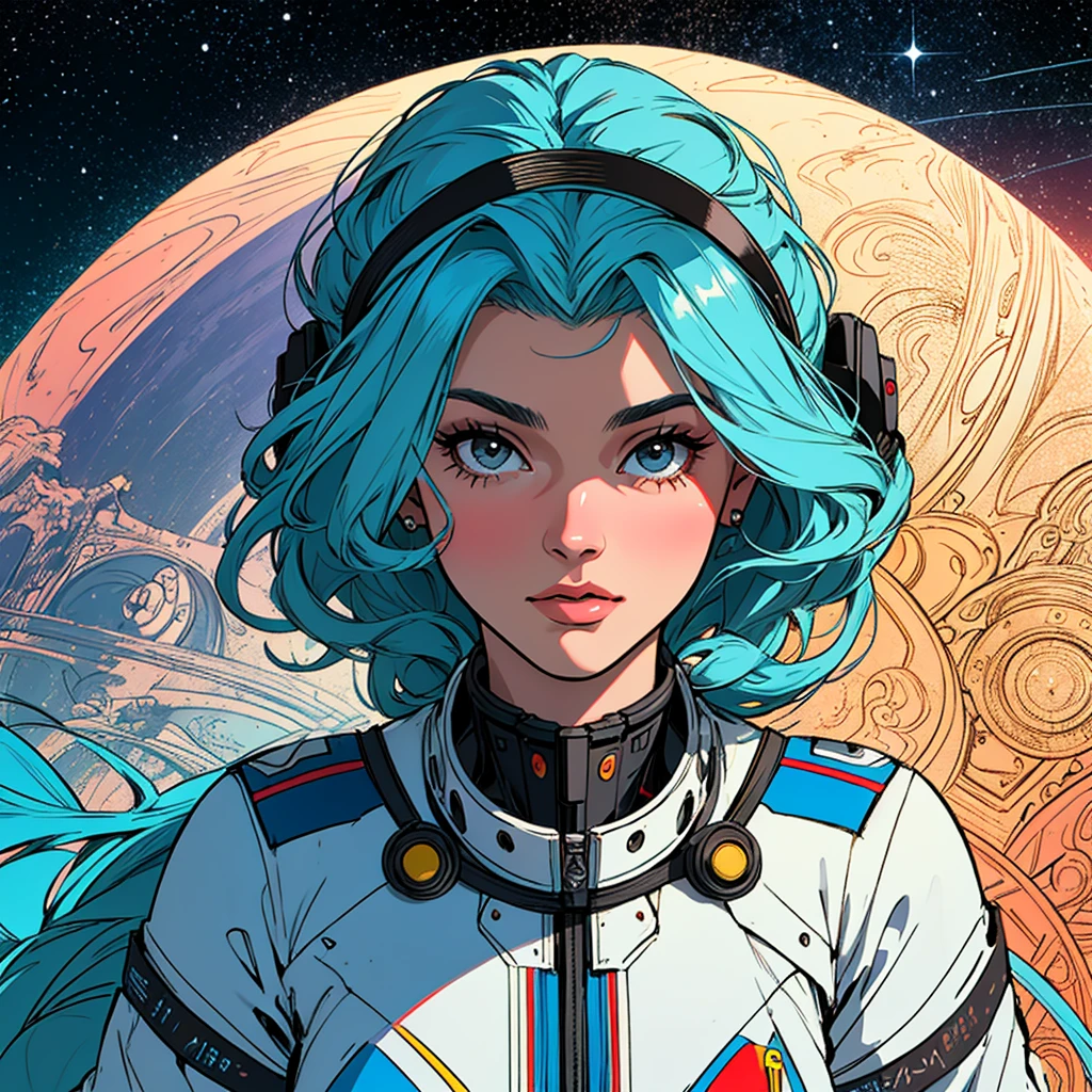 (((highest quality))),masterpiece,1 woman,((the perfect person)),((Super beautiful woman)),detailed perfect face,retro,vintage,classic,60's,70's,80's,old movie posters,abstract,((スペーススリラーmovie poster)),(Futuristic),Geometric pattern,very delicate,movie poster_white frame,universe,Milky Way,planet,,propaganda,universe飛行士,breast enhancement,