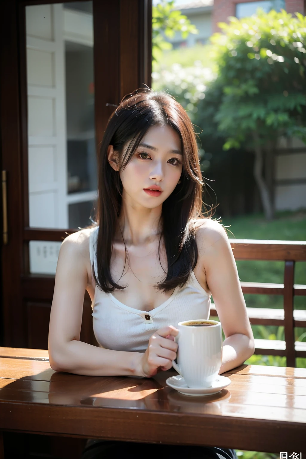 arafed photo of a woman holding a cup of coffee, zmonzheng, jia, summer morning, inspired by Song Maojin, xintong chen, official artwork, li zixin, inspired by Fenghua Zhong, good morning, jingna zhang, fanart, sha xi, album cover, morning, inspired by Sun Kehong, official