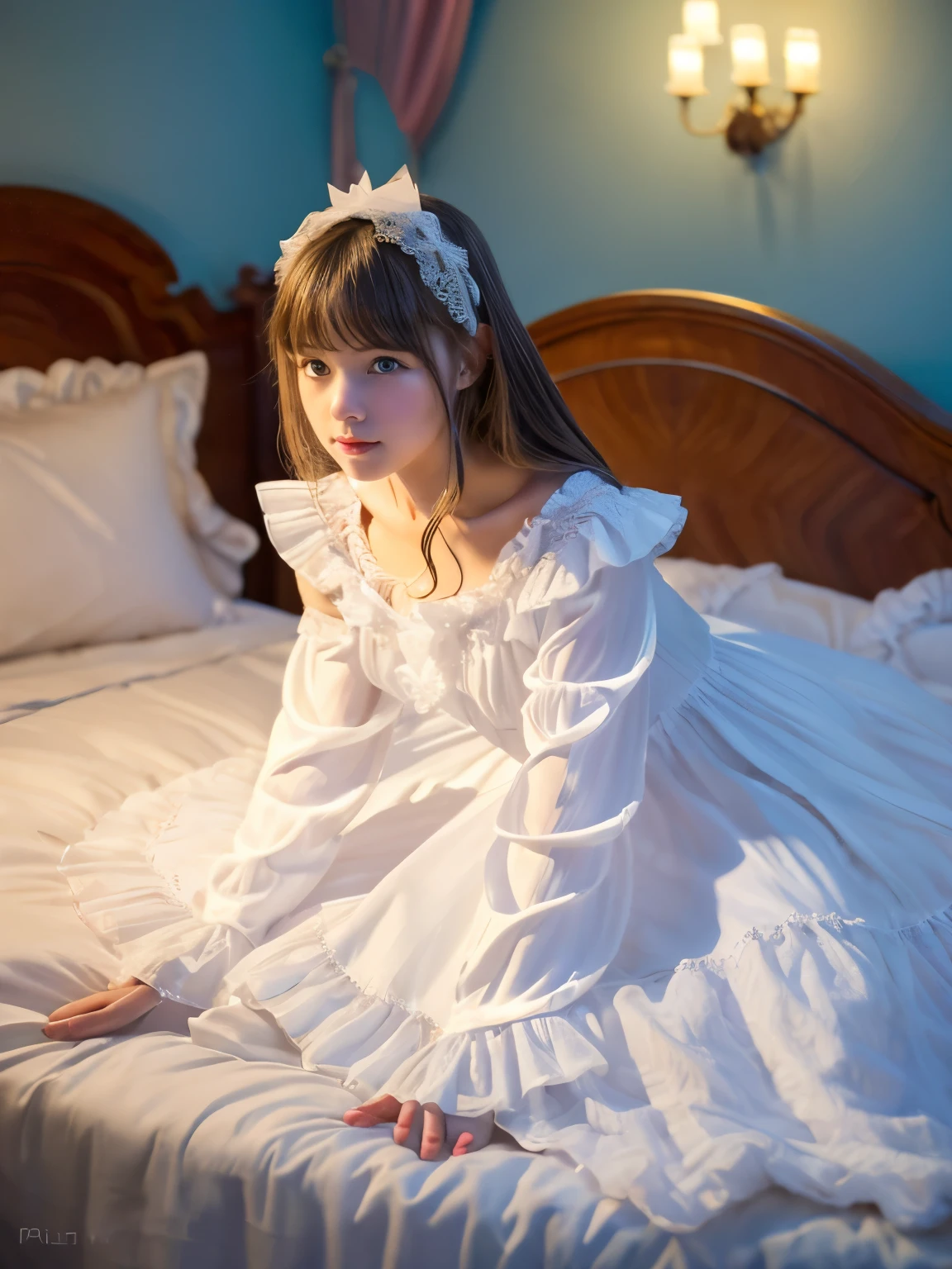 highest quality, masterpiece, highest resolution, artwork, super get used to it, many become familiar with, become familiar with, get used to it,change,Loli,girl, (((()))),european,blonde,blue eyes,night wear,((((white nightgown)))),((フリルとリボンの付いたwhite nightgown)),((1920 style nightgowns)),((Nightcap with frills and ribbon)),victorian nightgowns,Yoke collar with ruffles and ribbons,Long sleeves with ruffles,Long skirt up to the ankle,((The whole body is reflected)),(inside the palace),(in the bedroom at night),(Luxurious rococo canopy bed),(the girl is lying on the bed),Before bedtime,White ruffled socks,