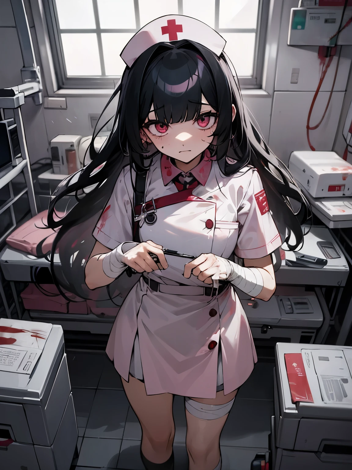 Blood droplets、blood、Internal organs、hospital、白と黒のnurse uniform、Bandages on both arms、Bandage on the leg、have a knife、cadaver、impatient face、be bothered、panic、hospitalの中、hospital room、desolation、window、black hair、pink eyes、long hairBlood droplets、blood、Internal organs、hospital、long hair、Let your hair down、disheveled hair、20-year-old、anxiety、panic、black and white short skirt、nurse uniform、aldult、kind、Blood droplets、short bangs、adult
