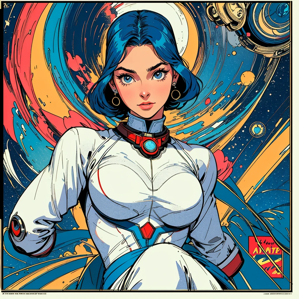 (((highest quality))),masterpiece,1 woman,((the perfect person)),((Super beautiful woman)),detailed perfect face,retro,vintage,classic,60's,70's,80's,old movie posters,abstract,((スペーススリラーmovie poster)),(Futuristic),Geometric pattern,very delicate,movie poster_white frame,universe,Milky Way,planet,,propaganda,universe飛行士,breast enhancement,