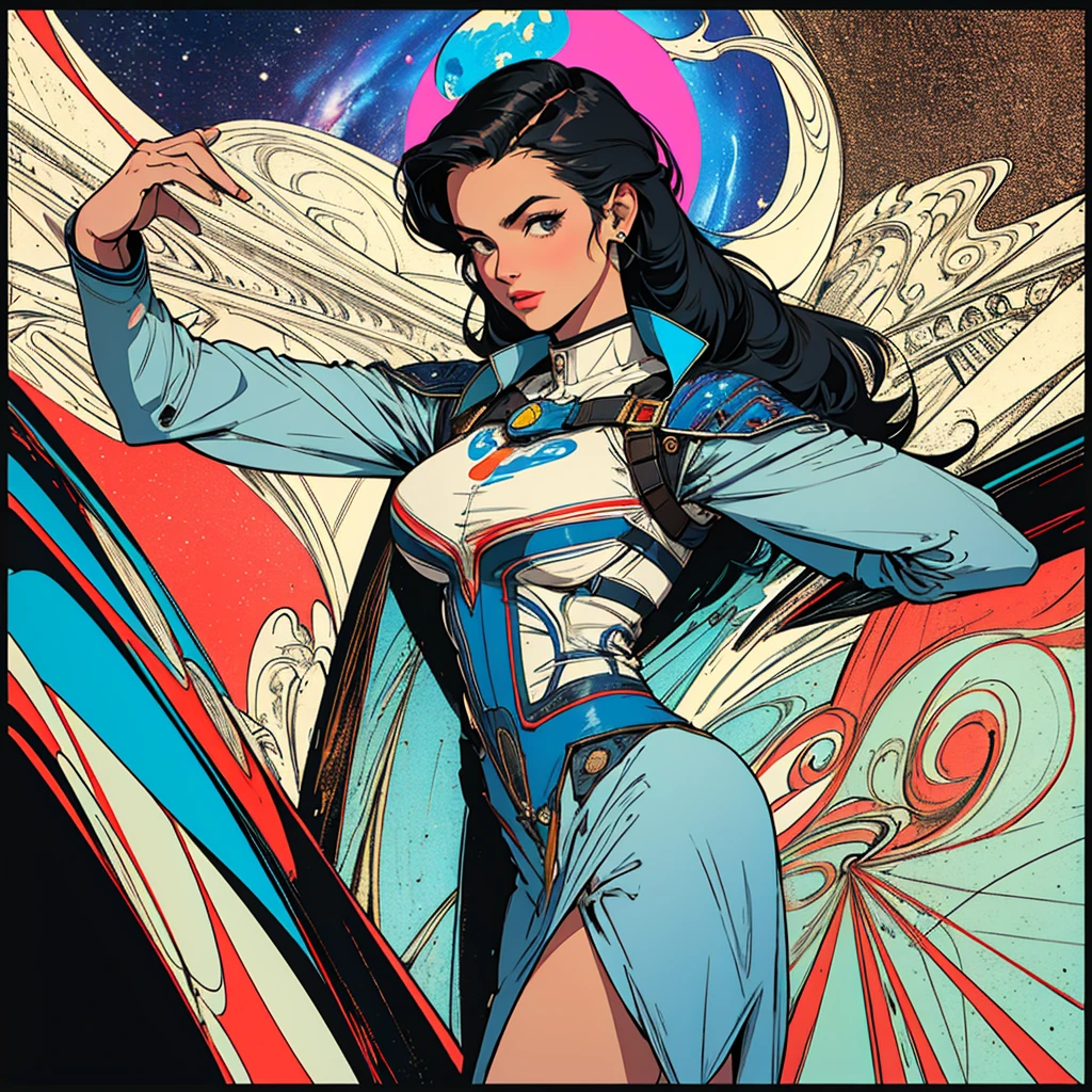 (((highest quality))),masterpiece,1 woman,((the perfect person)),((Super beautiful woman)),detailed perfect face,retro,vintage,classic,60's,70's,80&#39;s,old movie posters,abstract,((スペーススリラーmovie poster)),(Futuristic),Geometric pattern,very delicate,movie poster_white frame,universe,Milky Way,planet,,propaganda,universe飛行士,breast enhancement,simple,(big breasts),(cleavage),