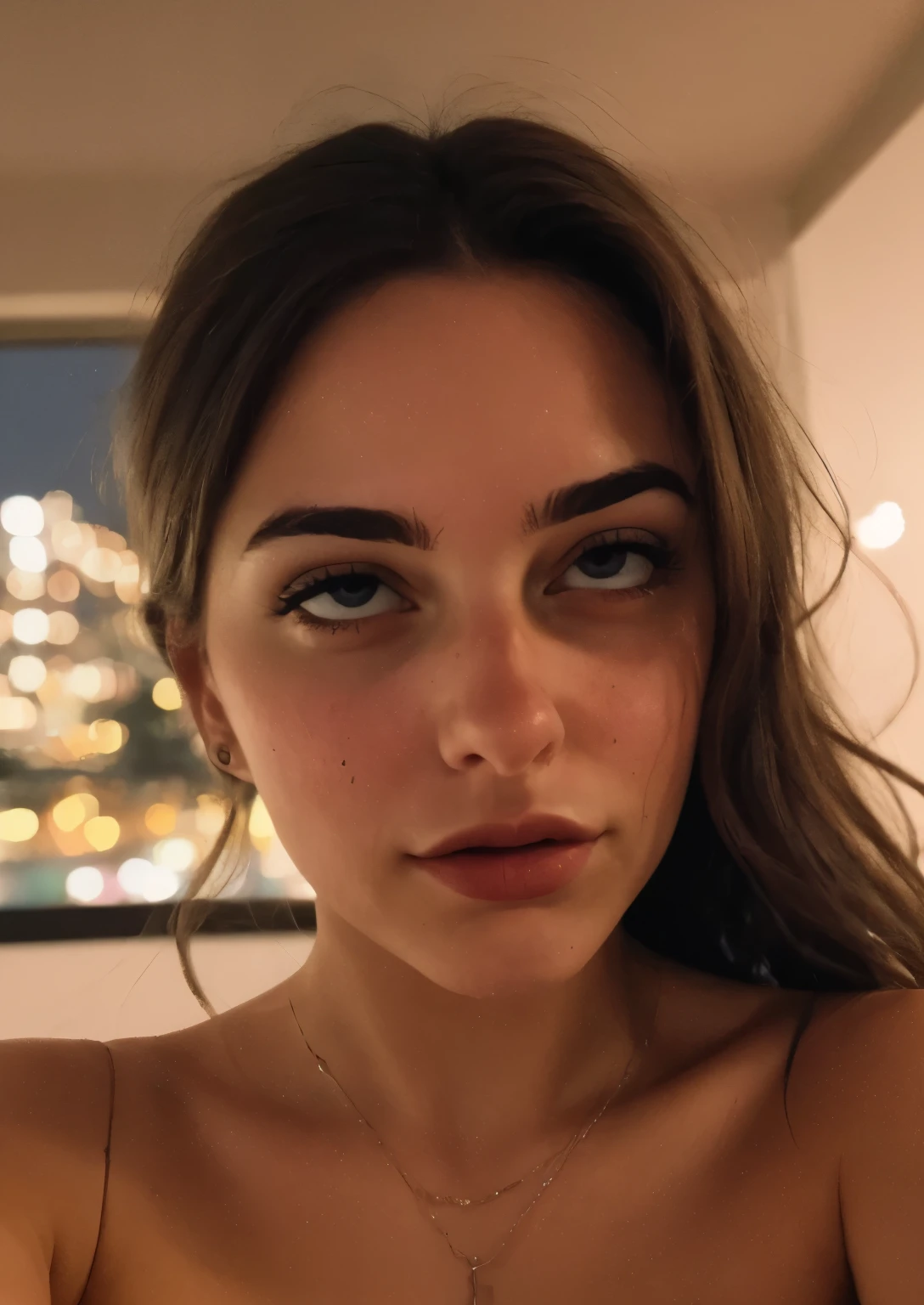 a selfie of a pretty young woman, taken with iphone camera, At night, Tongue outside the mouth, Eyes rolled upward