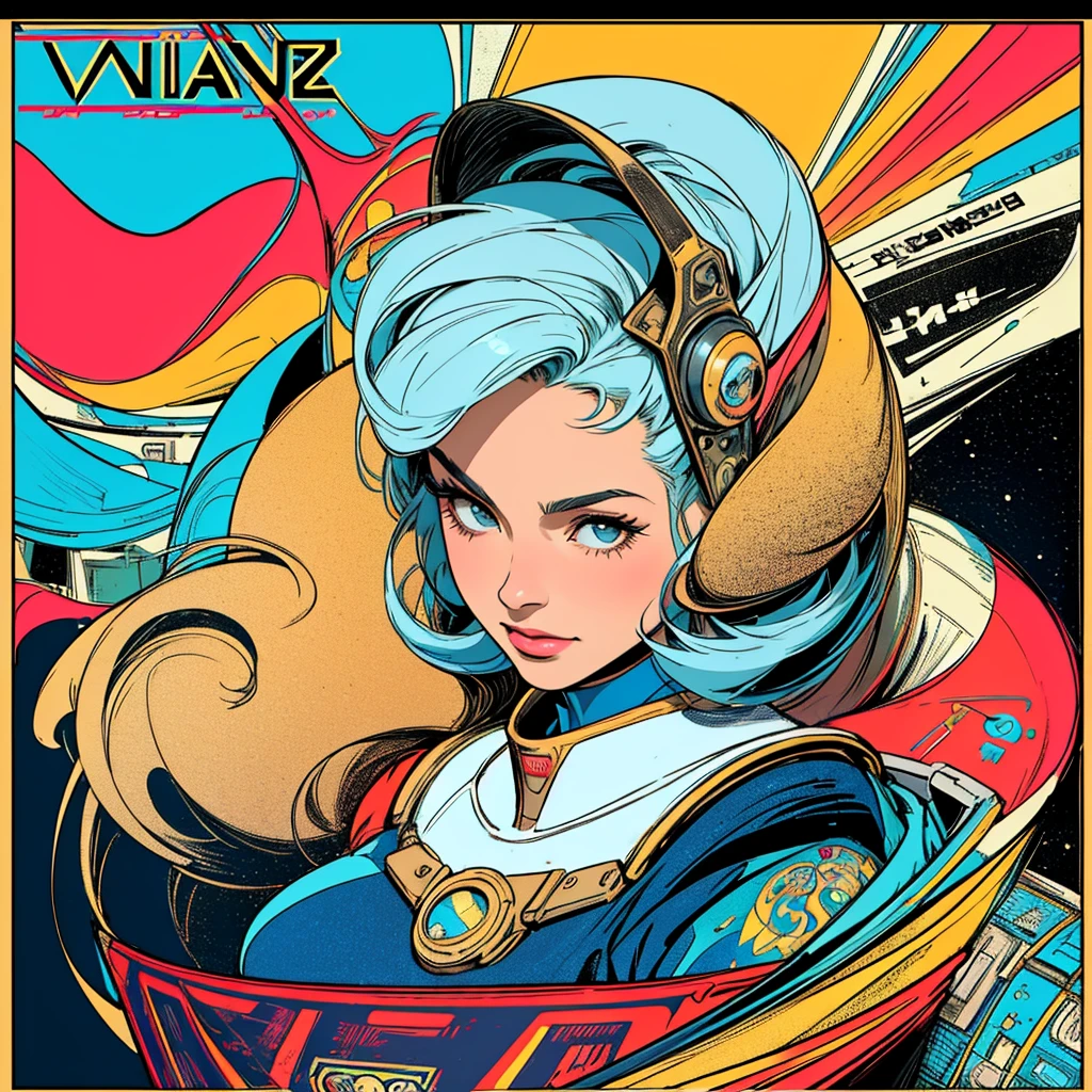 (((highest quality))),masterpiece,1 woman,((the perfect person)),((Super beautiful woman)),detailed perfect face,retro,vintage,classic,60's,70's,80&#39;s,old movie posters,abstract,((スペーススリラーmovie poster)),(Futuristic),Geometric pattern,very delicate,movie poster_white frame,universe,Milky Way,planet,,propaganda,universe飛行士,breast enhancement,