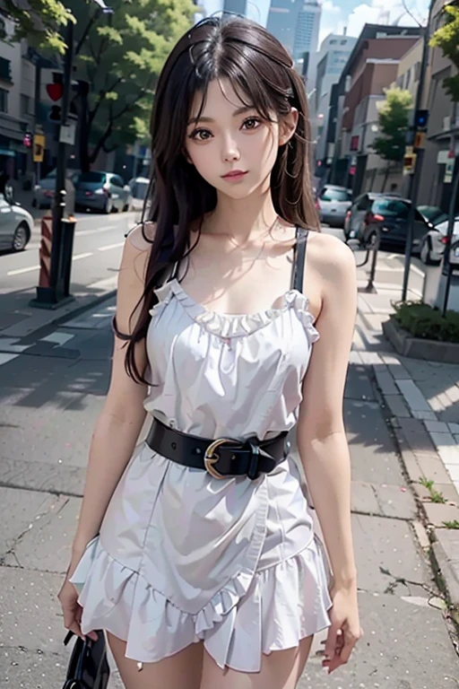 masterpiece++, best quality++, ultra-detailed+, extremely detailed++, 4K, 8K+, best quality, beautiful+, anime style,1person,full body image,summer,park,white lacefrill mini slipdress,narrow leather belt bound waist,very slim waist,beautiful straight black hair,beautiful black eyes, beautiful eyes++,long straight hair