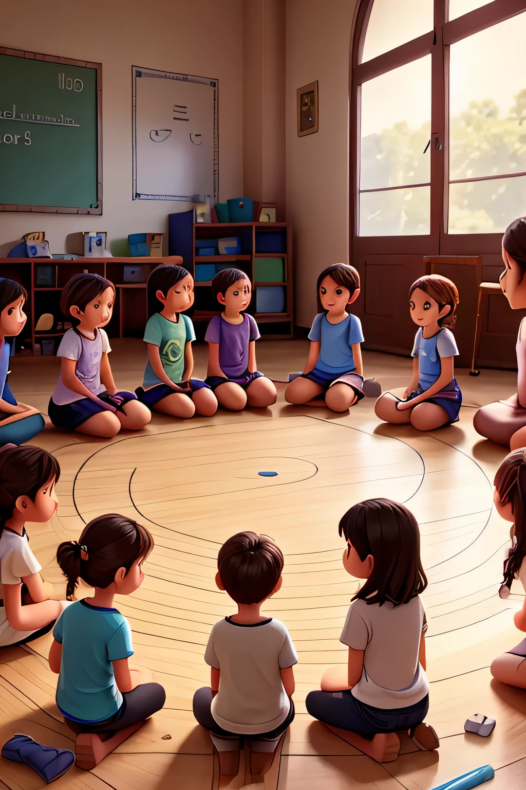 , everyone sitting on the floor in a circle talking to the teacher who is also in the circle sitting with them