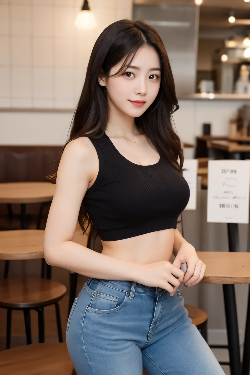 (realisticlying, A high resolution:1.3), Korean woman, 1 girl with a perfect body, Super fine face and eyes,long hair, Tank top of random colors:1.2, short jeans pants, in a cafe, Coffee on the table, huge tit,