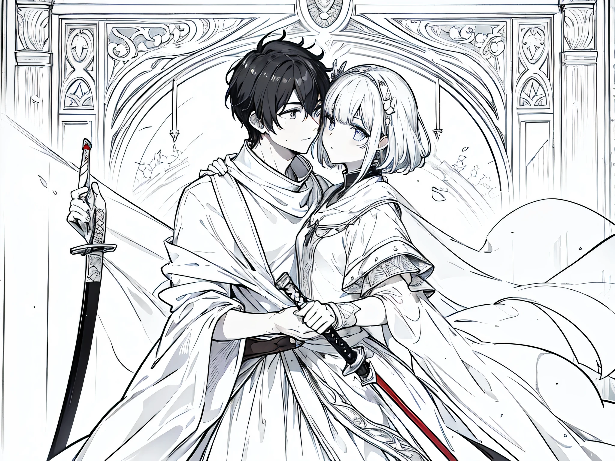 1 man wearing swordsman outfit from medieval era, black short hair, face to detail, detailed eyes, holding a sword, there is princess hugging him, monochrome (clear line, lineart)