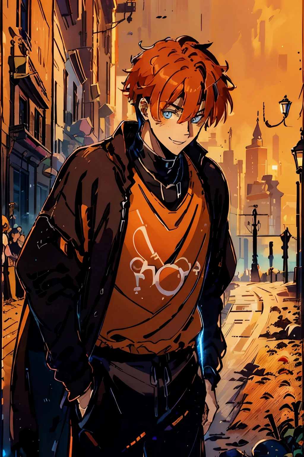 1male, ((oversised black clotes)), ((baggy brown pants)), ((orange hair)), blue eyes, ((smiling)).