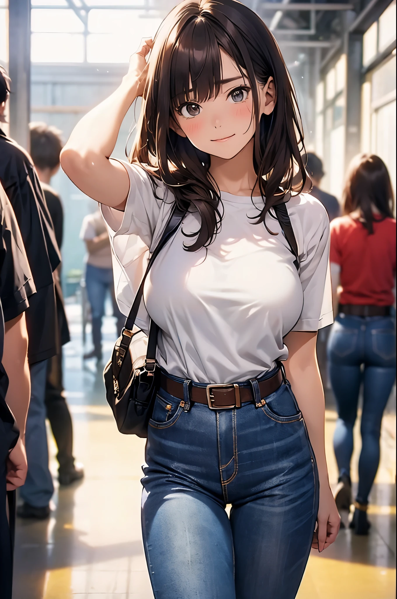 brown hair、looking at the viewer suspenders Bulging big breasts jeans boots Gaze small face bangs Beauty hands up Gaze 黒いboots provocation armpit sweat one person put your hands behind your back cutter shirt Black belt