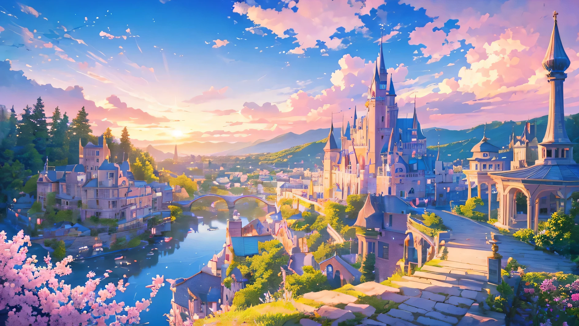 a huge castle romantic and girly in a valley in the night a lake of water, lot of pink and rose gold flowers and beautiful sky with clouds