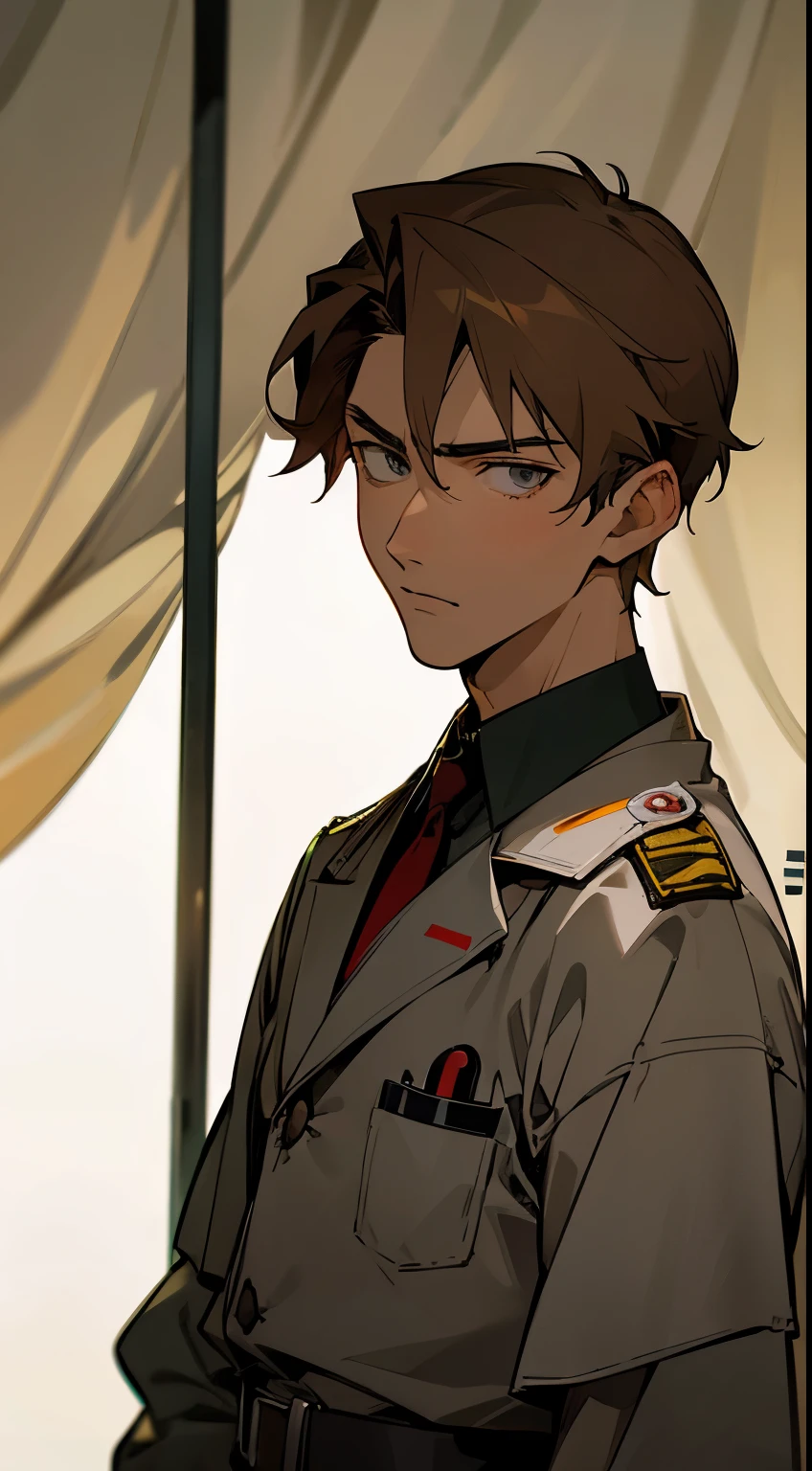 anime male, man, medic, soldier, very light brown hair, grey eyes, serious, handsome, inside a medical tent, dark, the year is 1913